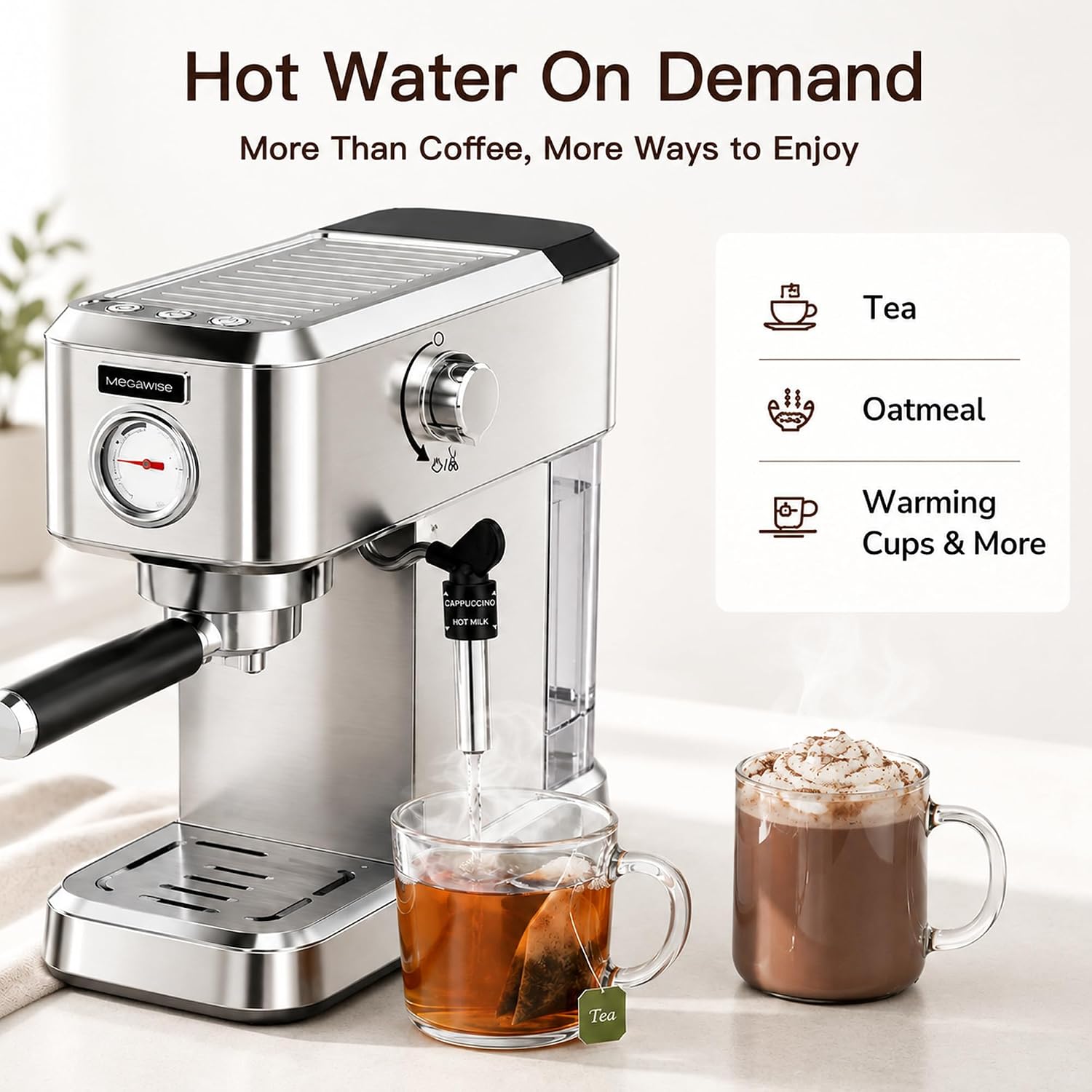 MEGAWISE Espresso Machine 20 Bar, Compact Stainless Steel Coffee Maker with Steam Milk Frother & Removable Tank for Cappuccino, Latte - Silver