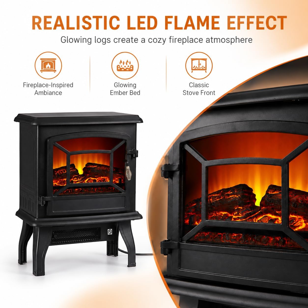 MEGAWISE Freestanding Electric Fireplace Stove Heater, 3D Realistic Flame Effect Space Heater with Overheat Safety Protection, for Indoor Home Bedroom Office Living Room, Black