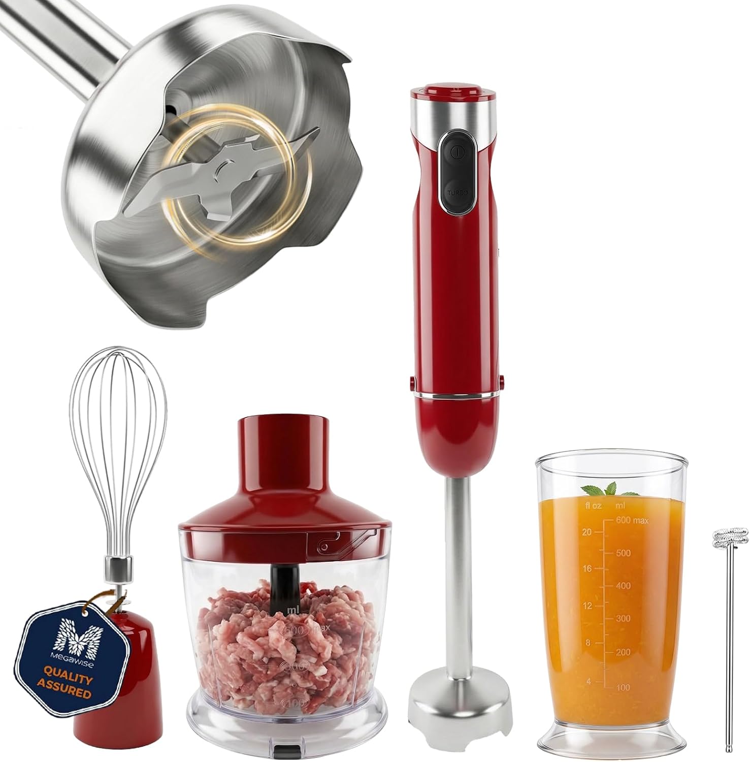 MEGAWISE Immersion Blender, 1000W Hand Blender with Whisk & Chopper(Red)