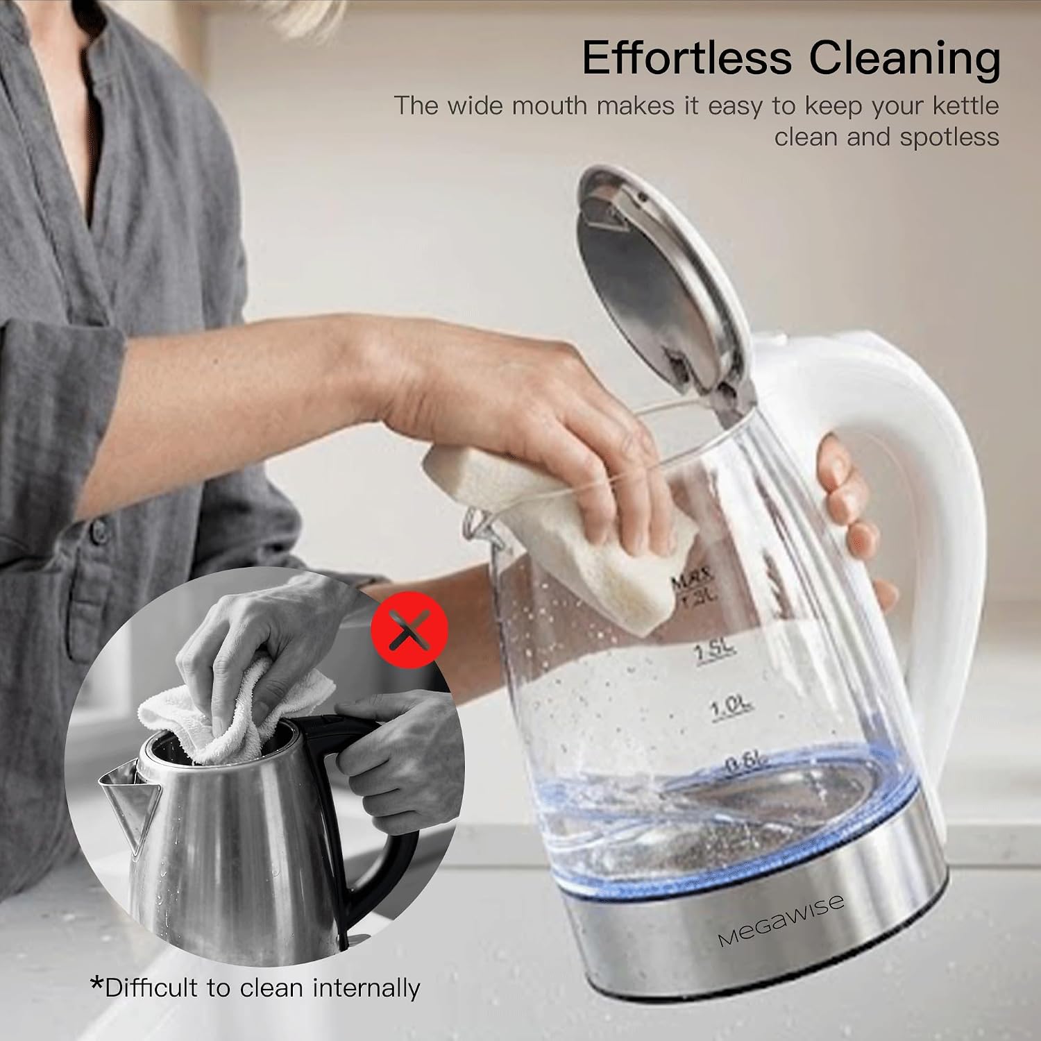 MEGAWISE Electric Kettle,1.8L Stainless Steel Water Boiler for Tea & Coffee