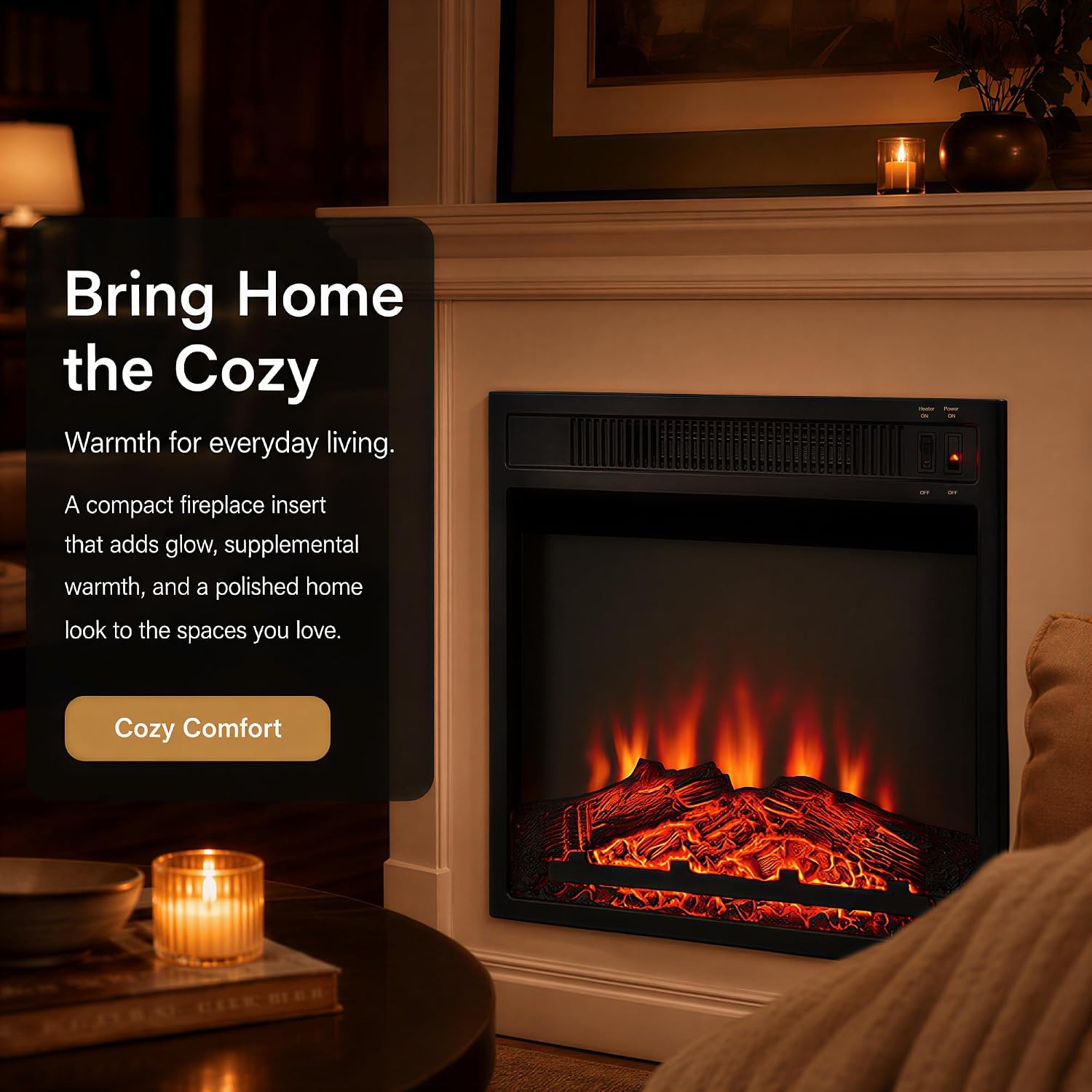 MEGAWISE 18 Inch Electric Fireplace Insert, 1400W Heater, Realistic Flame