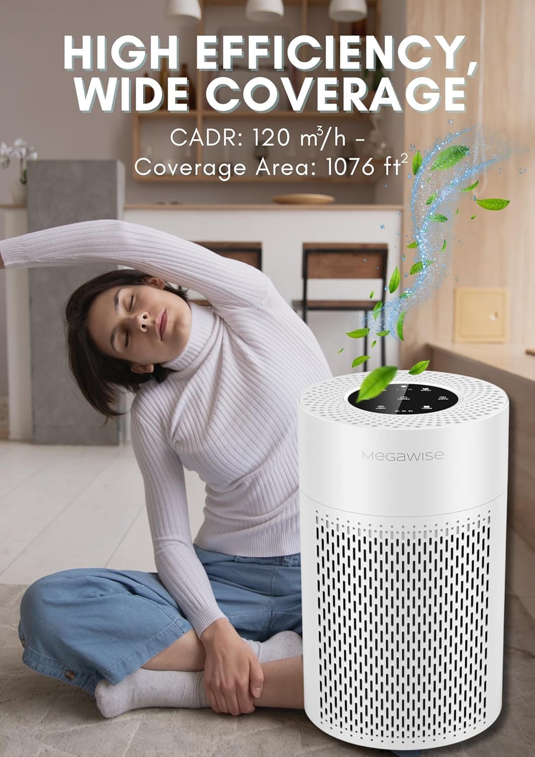 MEGAWISE H13 HEPA Air Purifier, Smart Sensor, Sleep Mode, White