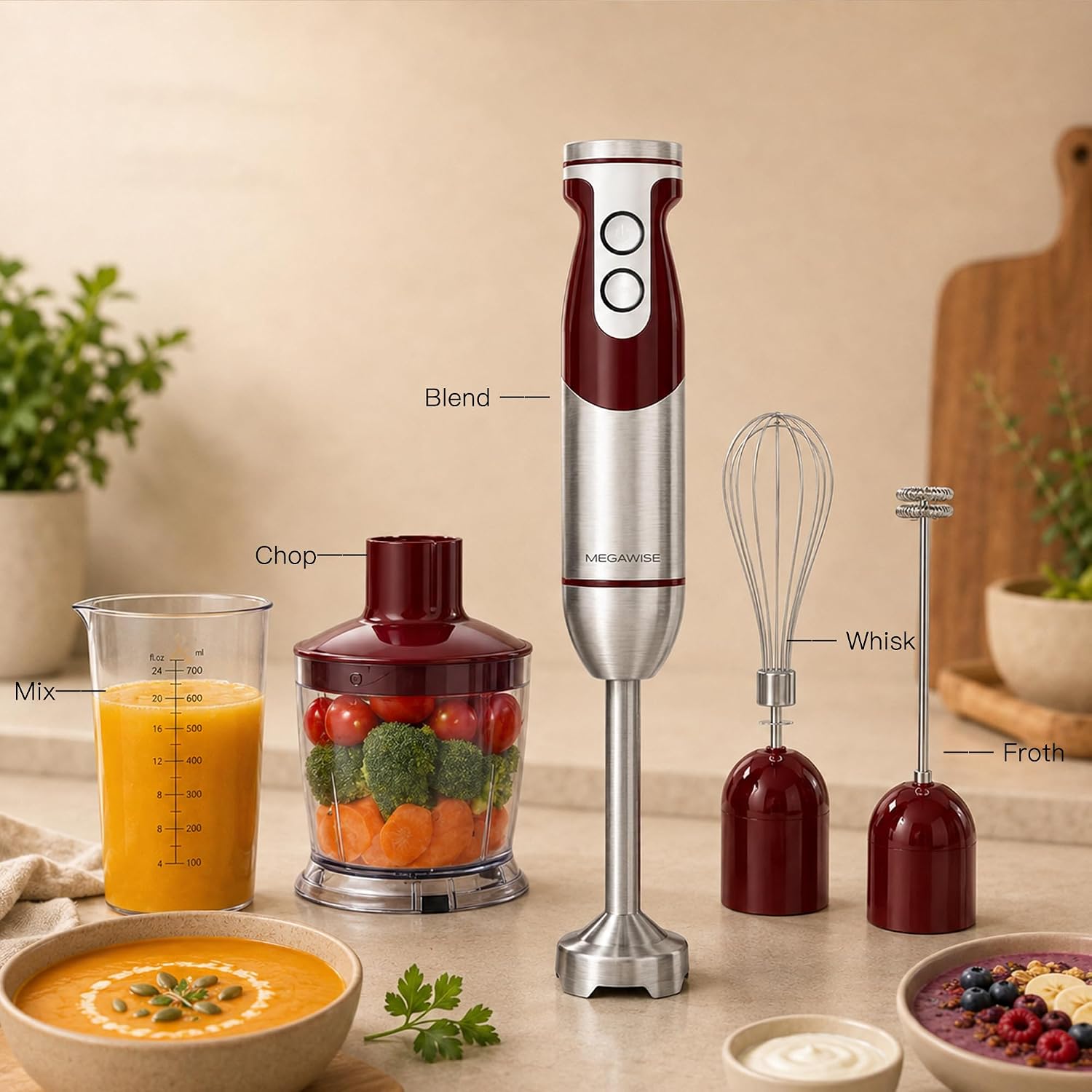MEGAWISE Hand Blender, 1000W Immersion Blender, 5-in-1 Multi-Function