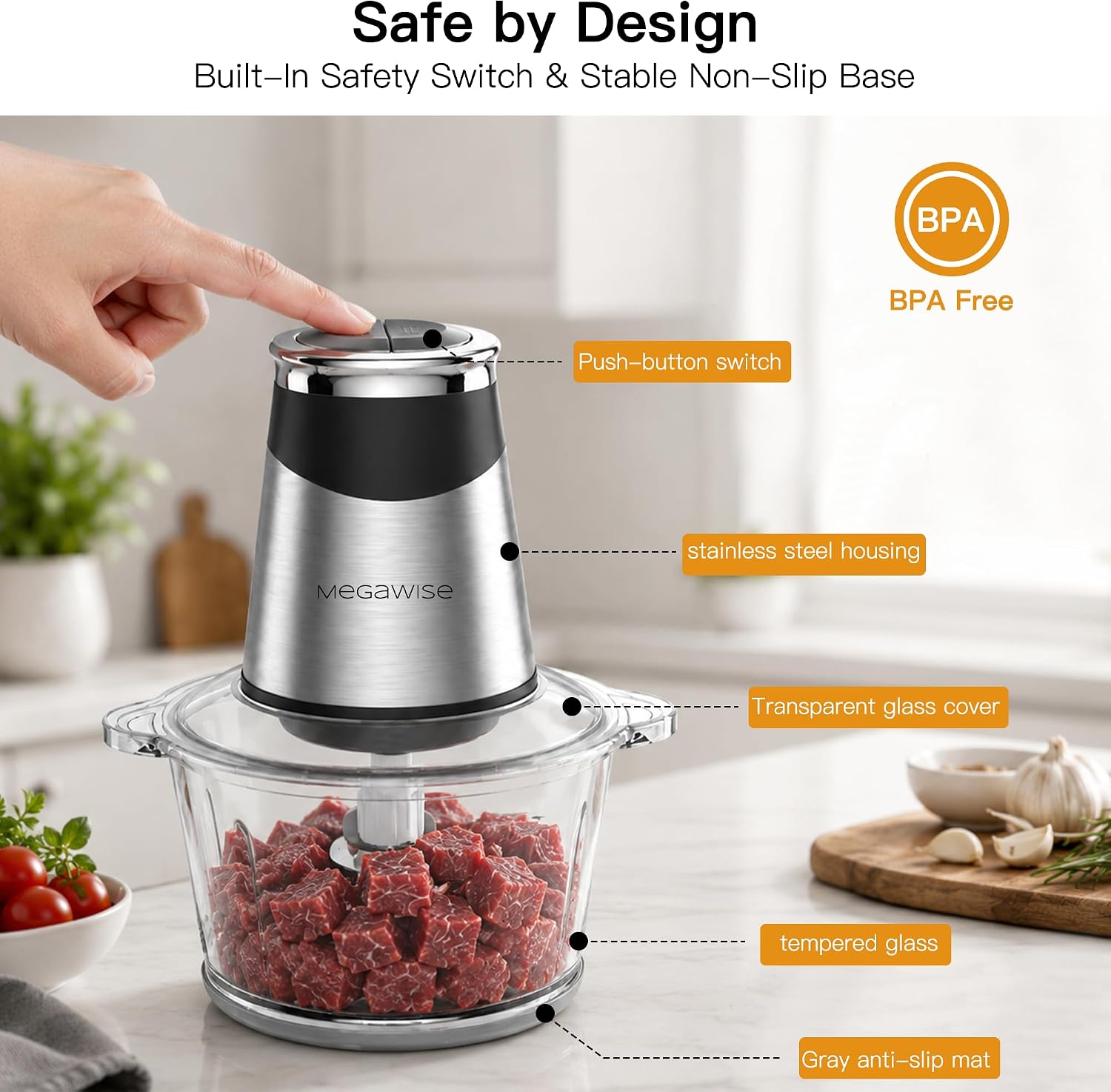 MEGAWISE 500W Electric Food Chopper Meat Grinder for Kitchen, Steel Blades