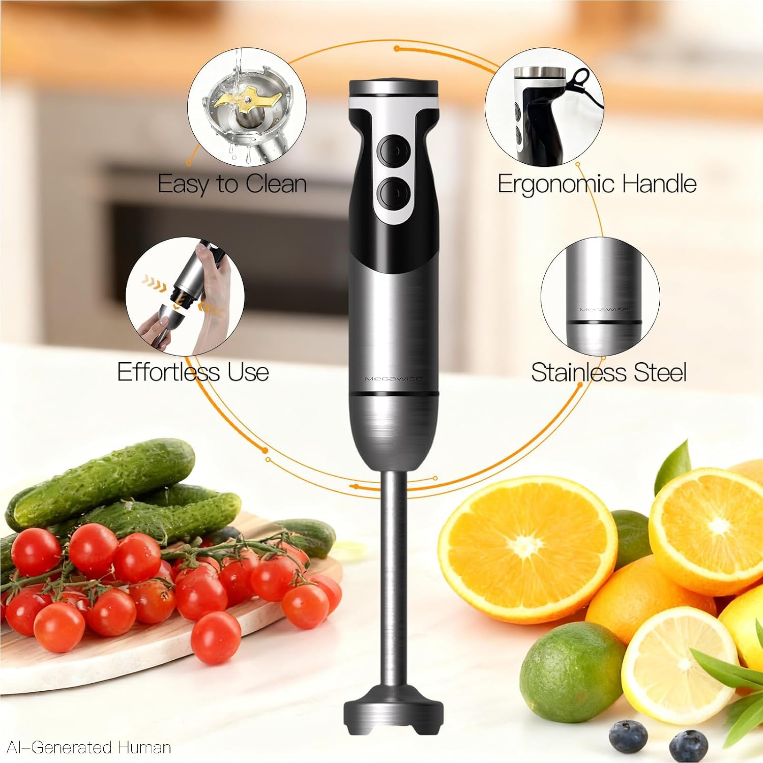 MegaWise 5-in-1 Hand Blender, Powerful Immersion Stick Blender with Titanium Reinforced Blades, 12-Speed Control, Includes Chopper, Beaker, Whisk & Frother for Smoothies & Baby Food