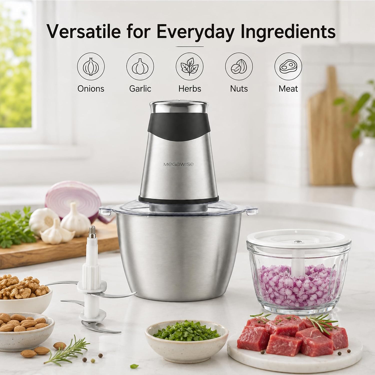 MEGAWISE Food Processor, 800W Electric Meat Grinder with 0.6L Glass Bowl & 1.2L Stainless Steel Bowl, Dual Speed Modes and Bi-Level BladesBlades for Meat, Vegetables, Nuts, Fruits, and Baby Food