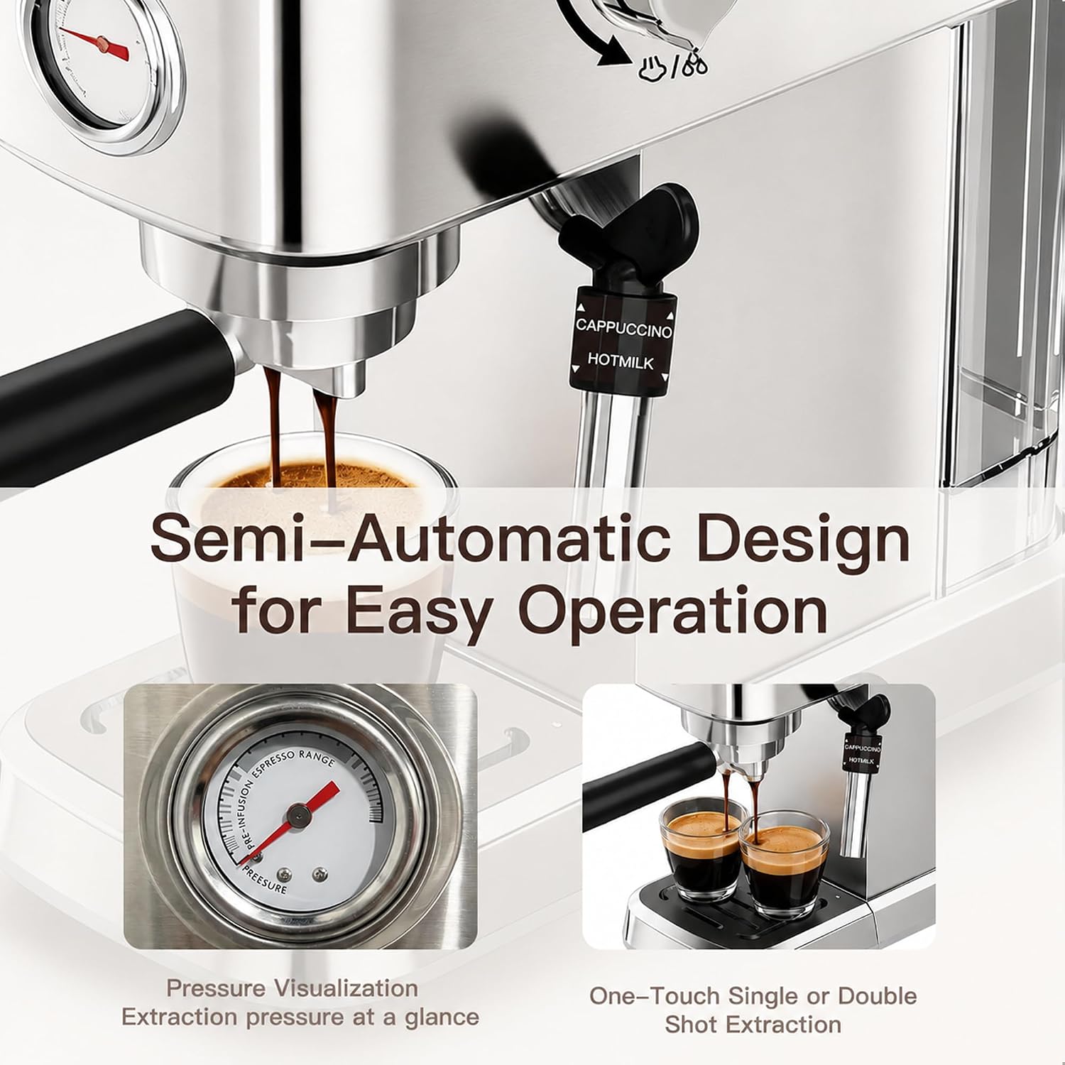 MEGAWISE Espresso Machine 20 Bar, Compact Stainless Steel Coffee Maker with Steam Milk Frother & Removable Tank for Cappuccino, Latte - Silver