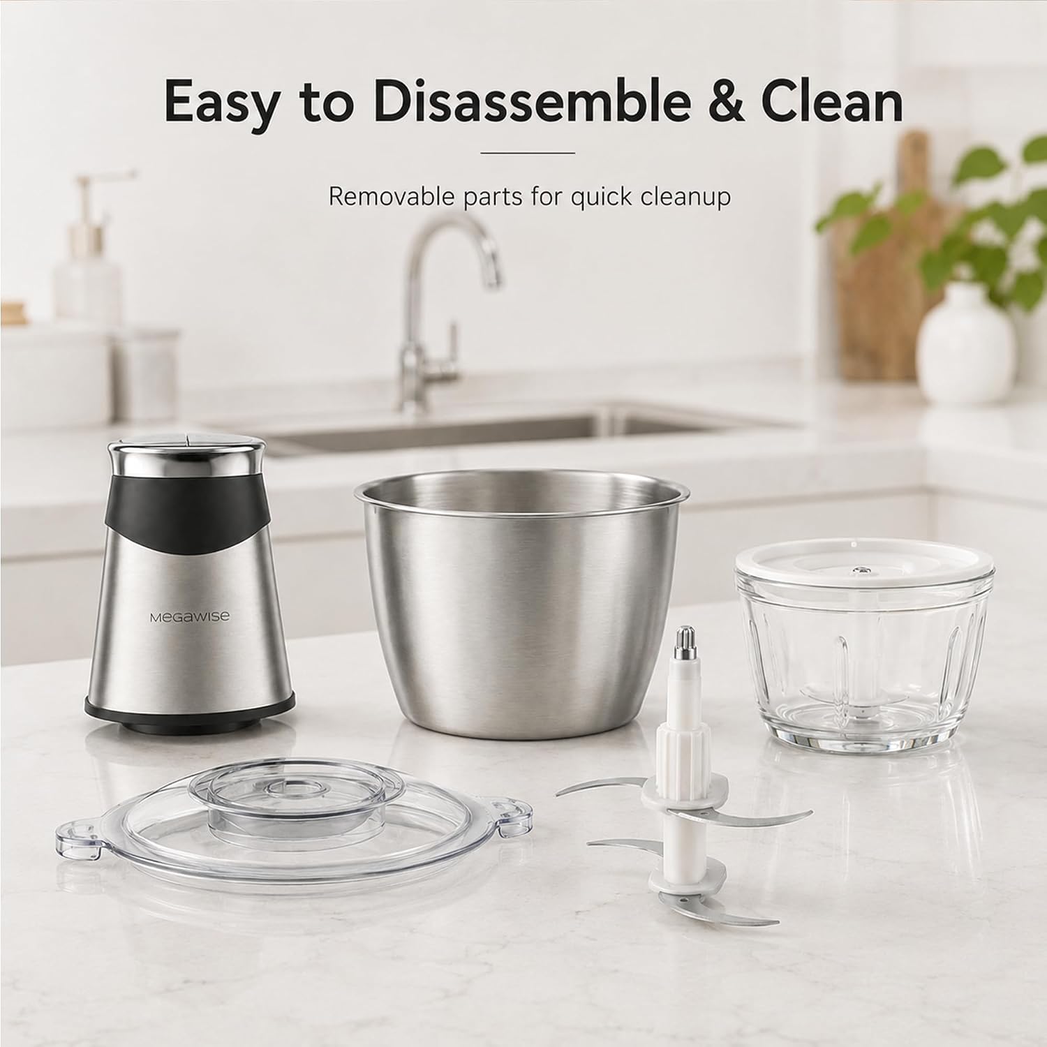 MEGAWISE Food Processor, 800W Electric Meat Grinder with 0.6L Glass Bowl & 1.2L Stainless Steel Bowl, Dual Speed Modes and Bi-Level BladesBlades for Meat, Vegetables, Nuts, Fruits, and Baby Food