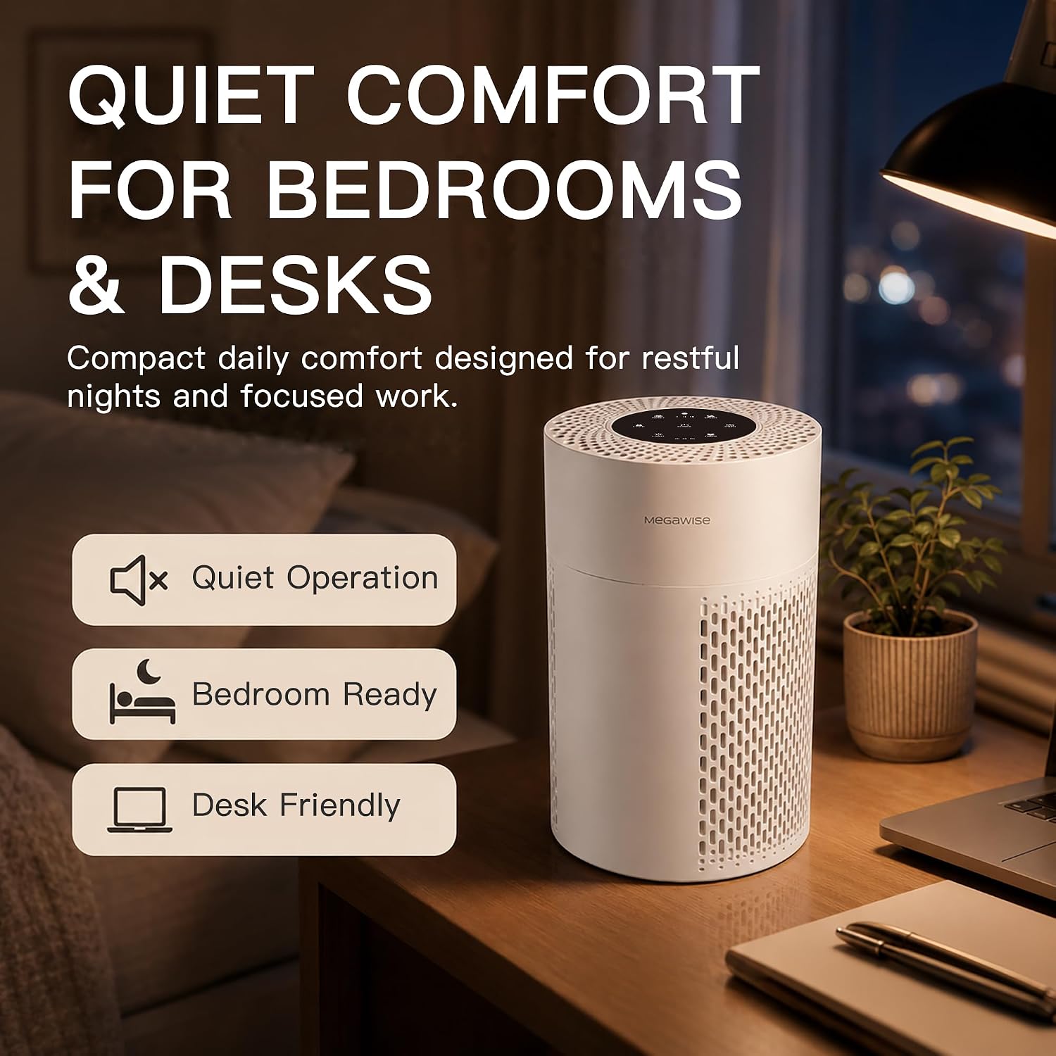 MEGAWISE Air Purifier for Bedroom, True HEPA 3-Stage Filter, Compact