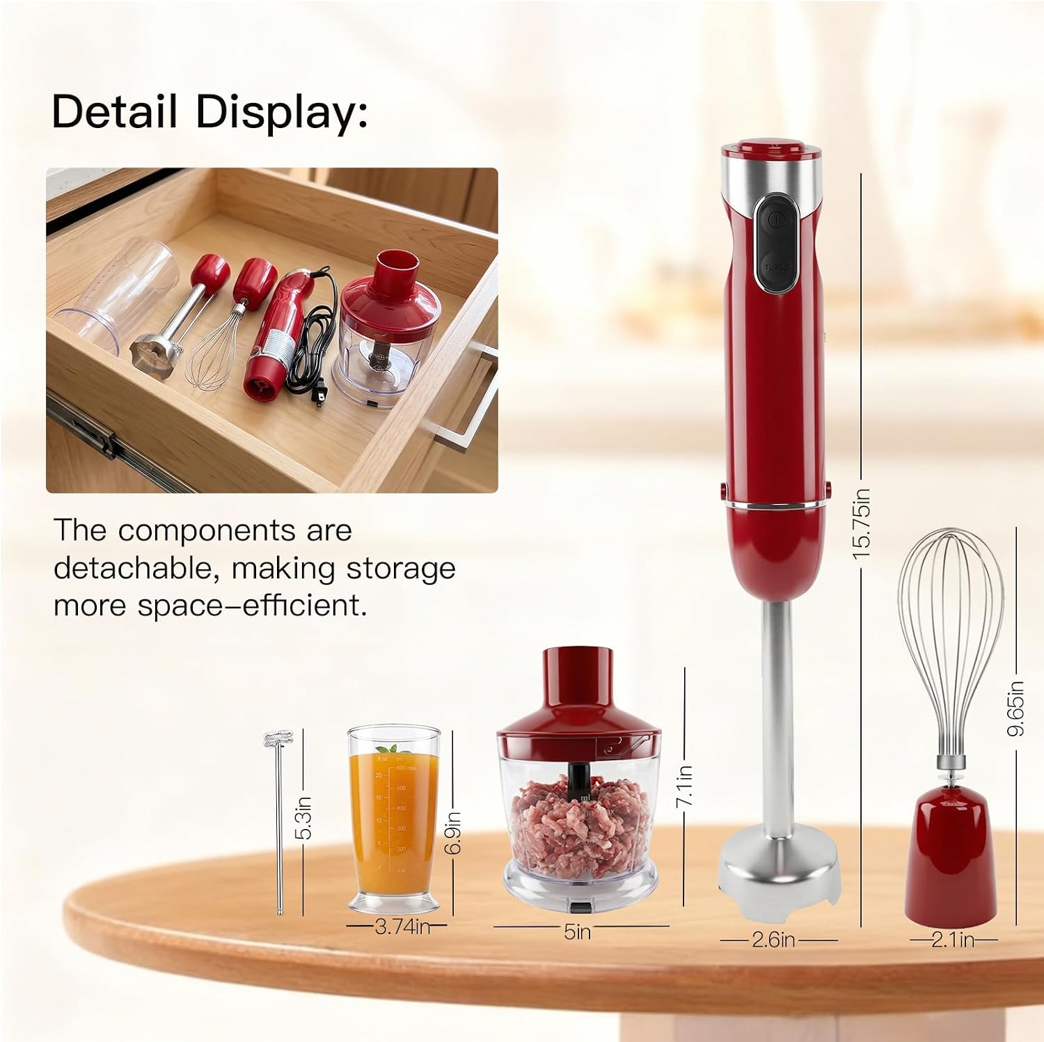 MEGAWISE Immersion Hand Blender, 800W 5-in-1 Stick Blender (Red)