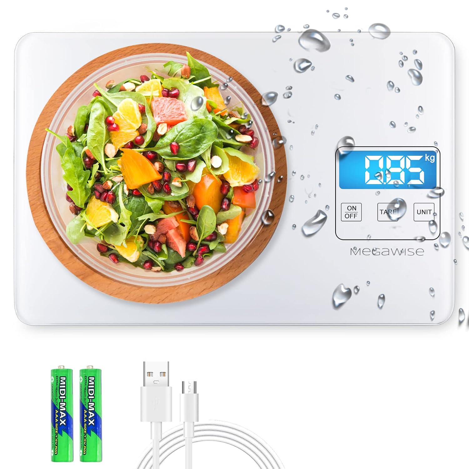 MEGAWISE Digital Kitchen Scale, 33 lb, Rechargeable, 1 g/0.04 oz, White