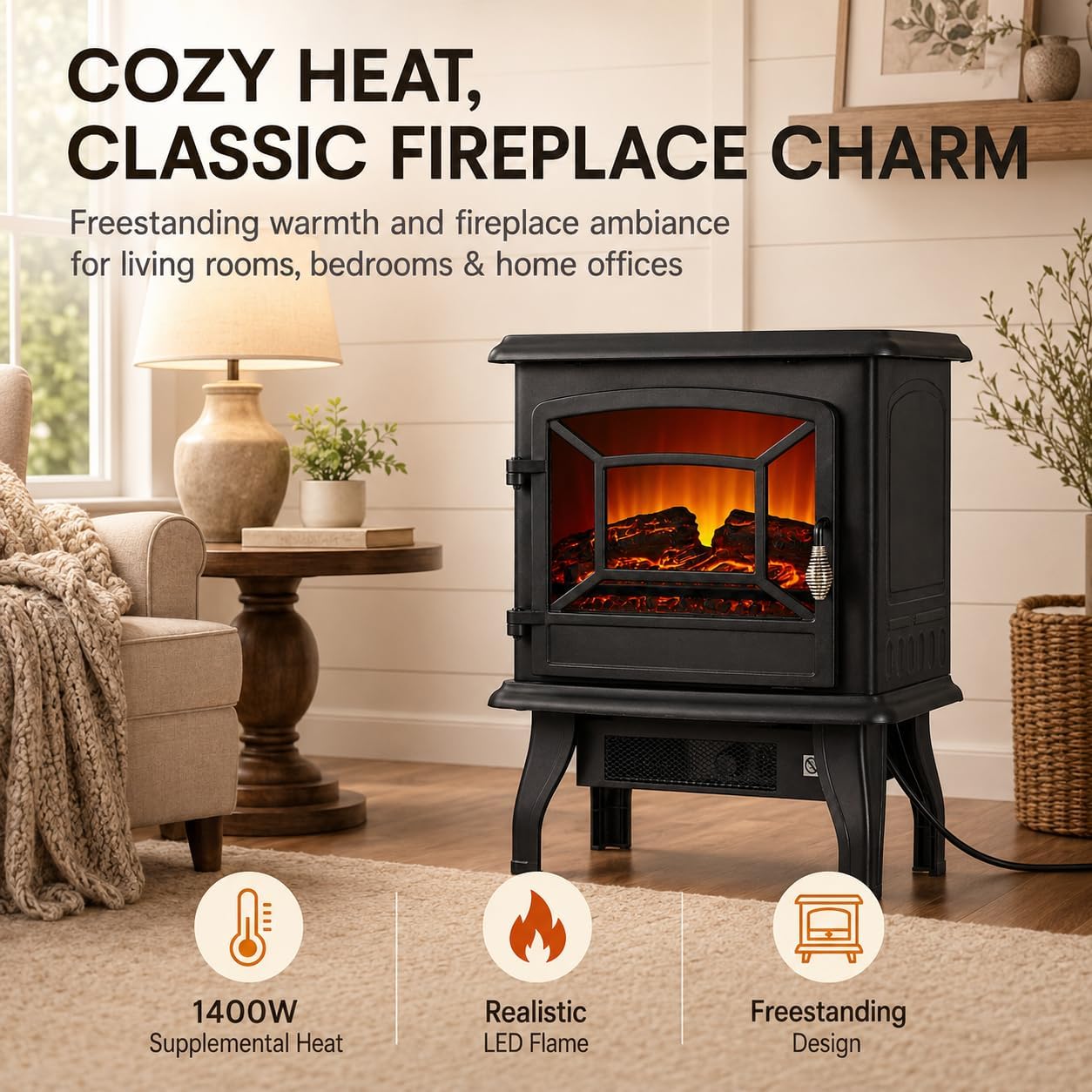 MEGAWISE Freestanding Electric Fireplace Stove Heater, 3D Realistic Flame Effect Space Heater with Overheat Safety Protection, for Indoor Home Bedroom Office Living Room, Black