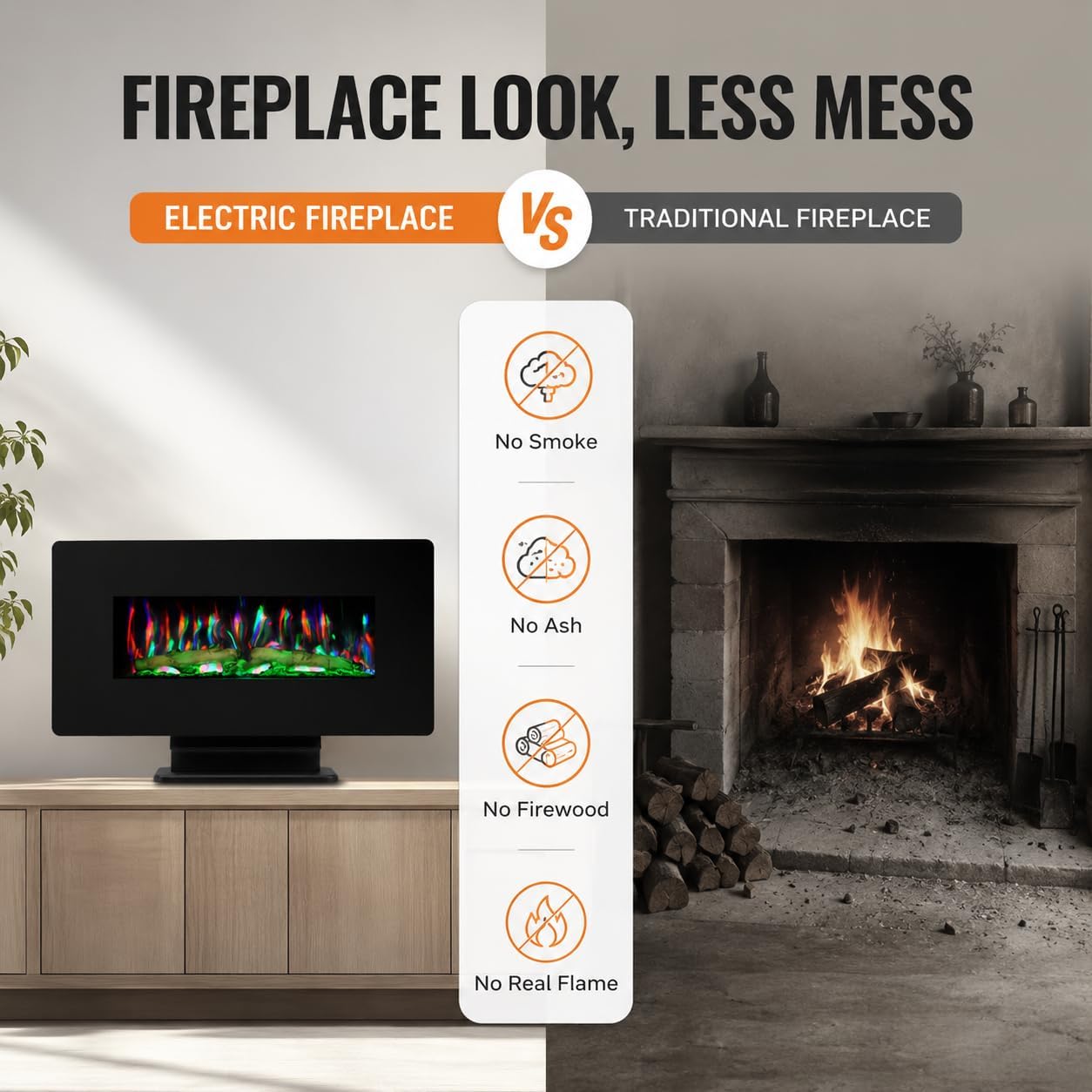 MEGAWISE 36-Inch Electric Fireplace Heater, Wall Mounted or Freestanding