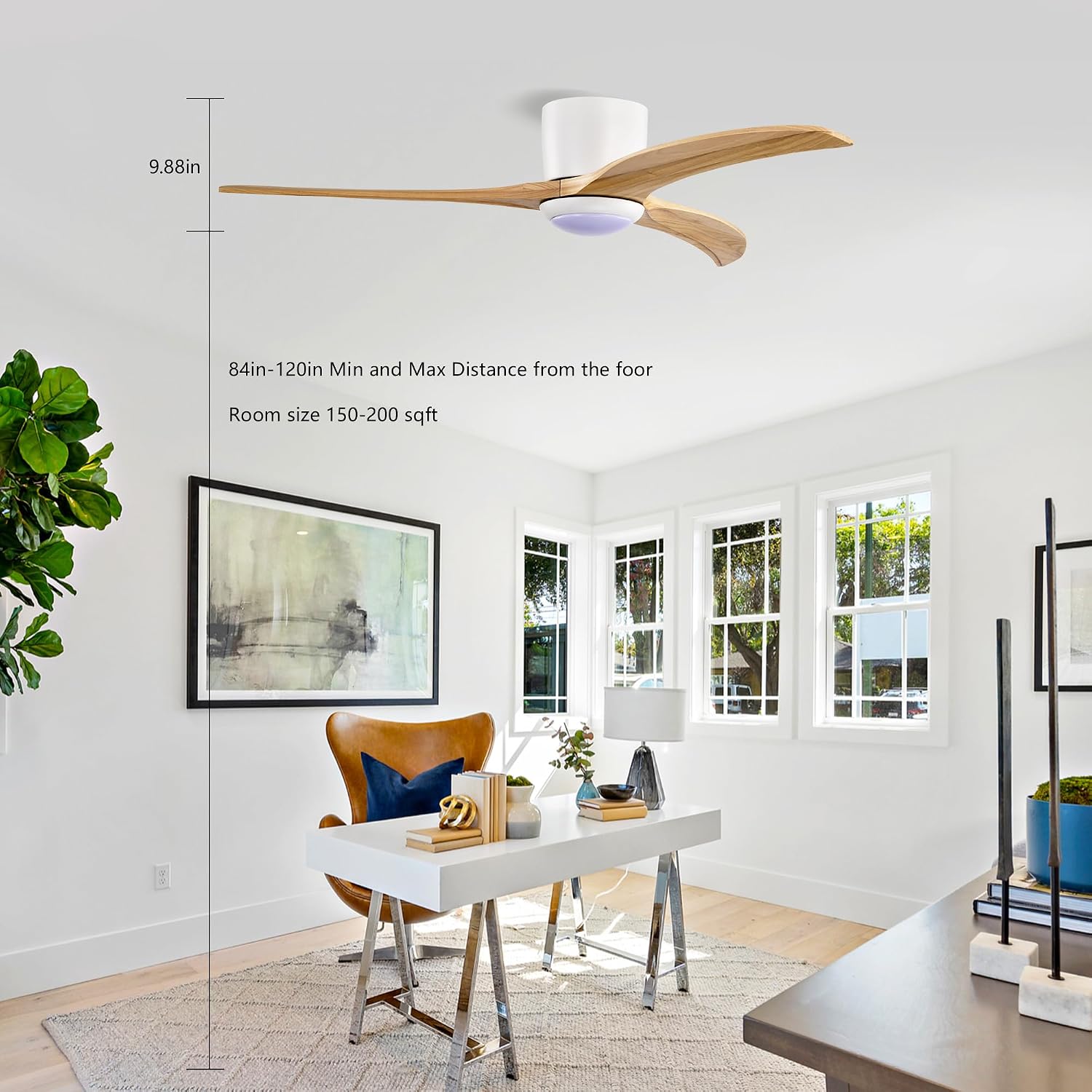 MEGAWISE 52 Inch Solid Wood Ceiling Fan with Lights, Remote Control, 6 Speeds,Noiseless,Reversible DC Motor (White)