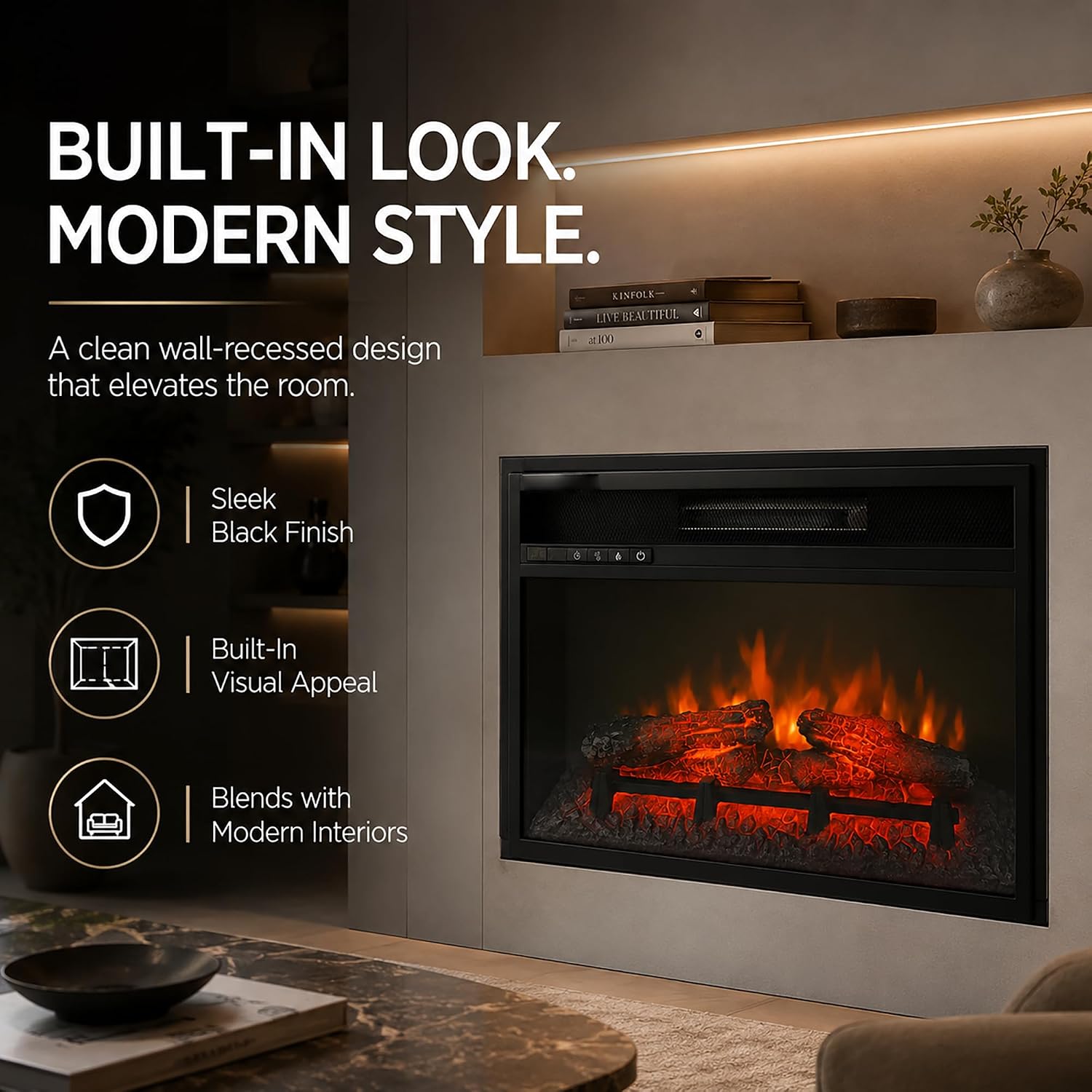 MEGAWISE Electric Fireplace Insert, 23-Inch, 1400W Heater and Timer