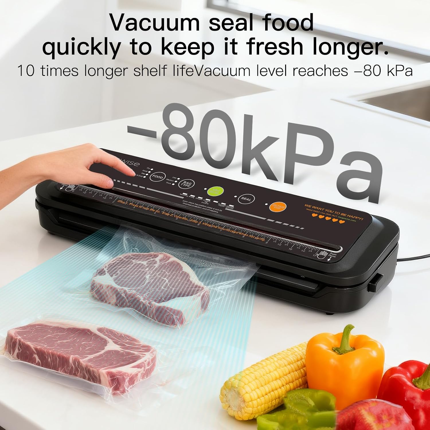MEGAWISE Vacuum Sealer Machine, 80 kPa, 4 Modes, Built-In Cutter