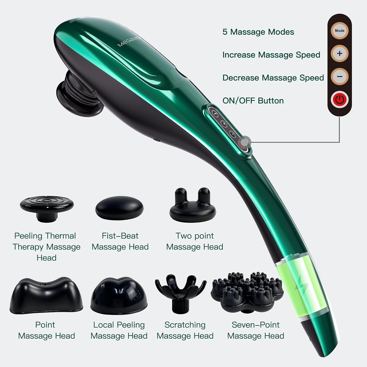 MEGAWISE Cordless Handheld Back Massager, 5 Speeds, Rechargeable