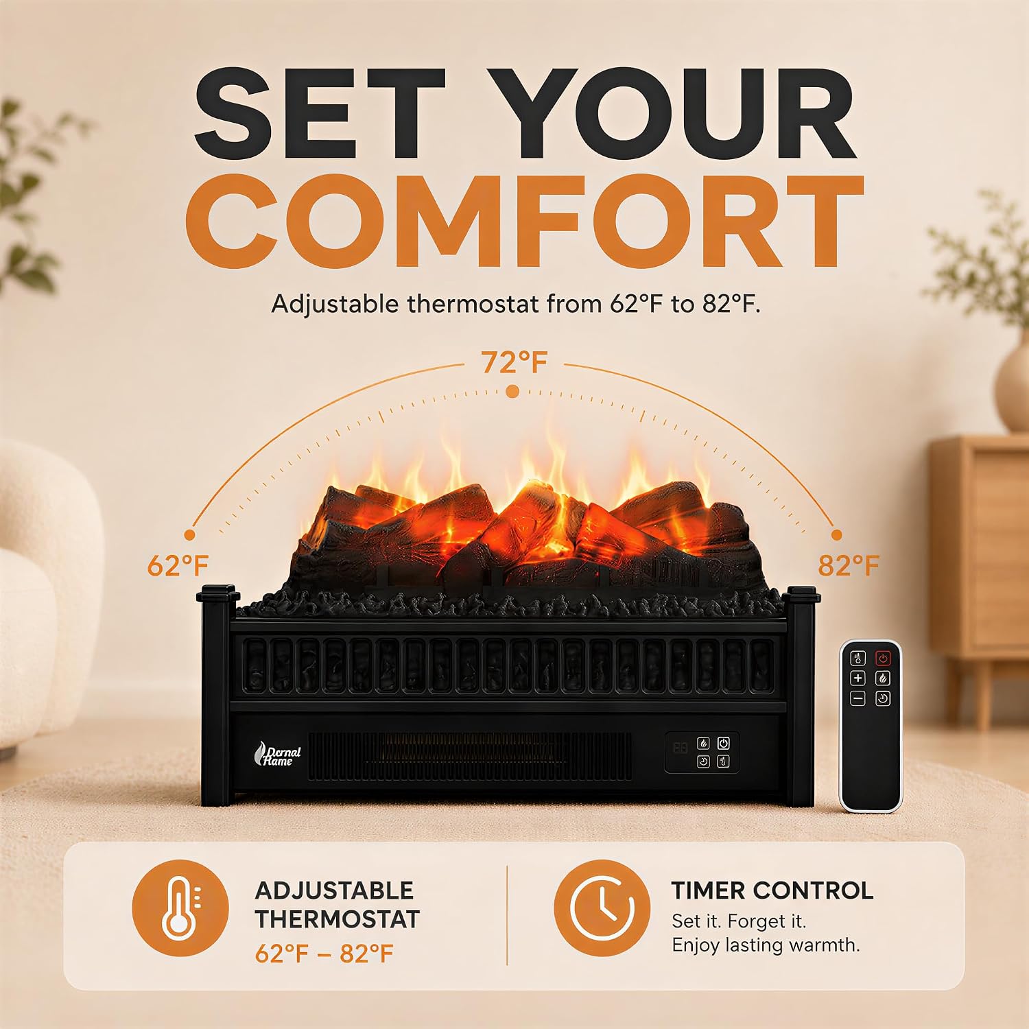 MEGAWISE Electric Fireplace Heater, Freestanding, 1400W with Remote & Timer