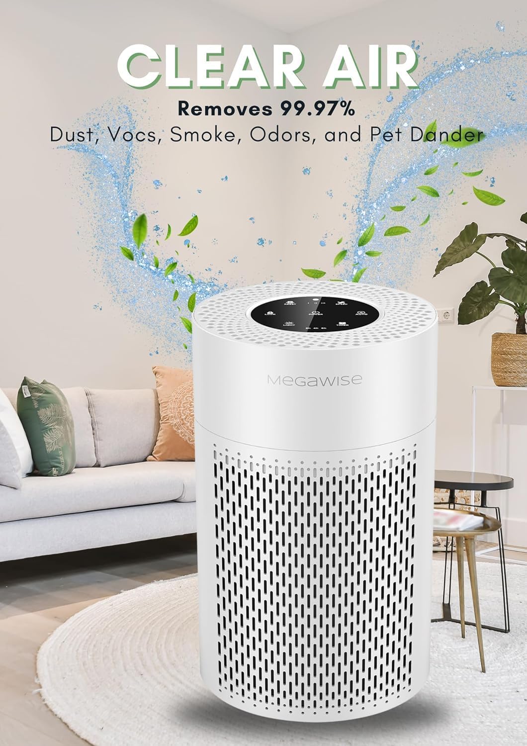 MEGAWISE H13 HEPA Air Purifier, Smart Sensor, Sleep Mode, White