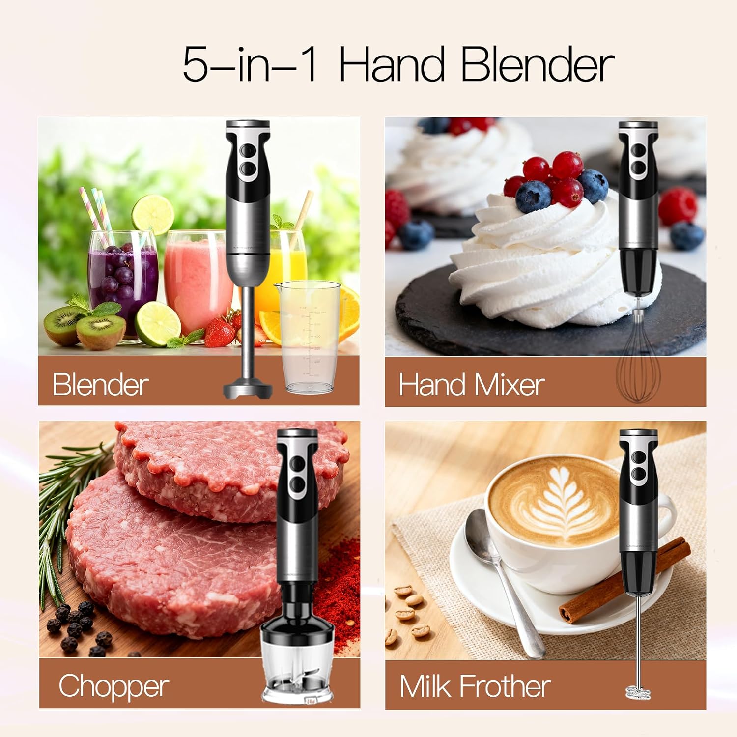 MegaWise 5-in-1 Hand Blender, Powerful Immersion Stick Blender with Titanium Reinforced Blades, 12-Speed Control, Includes Chopper, Beaker, Whisk & Frother for Smoothies & Baby Food