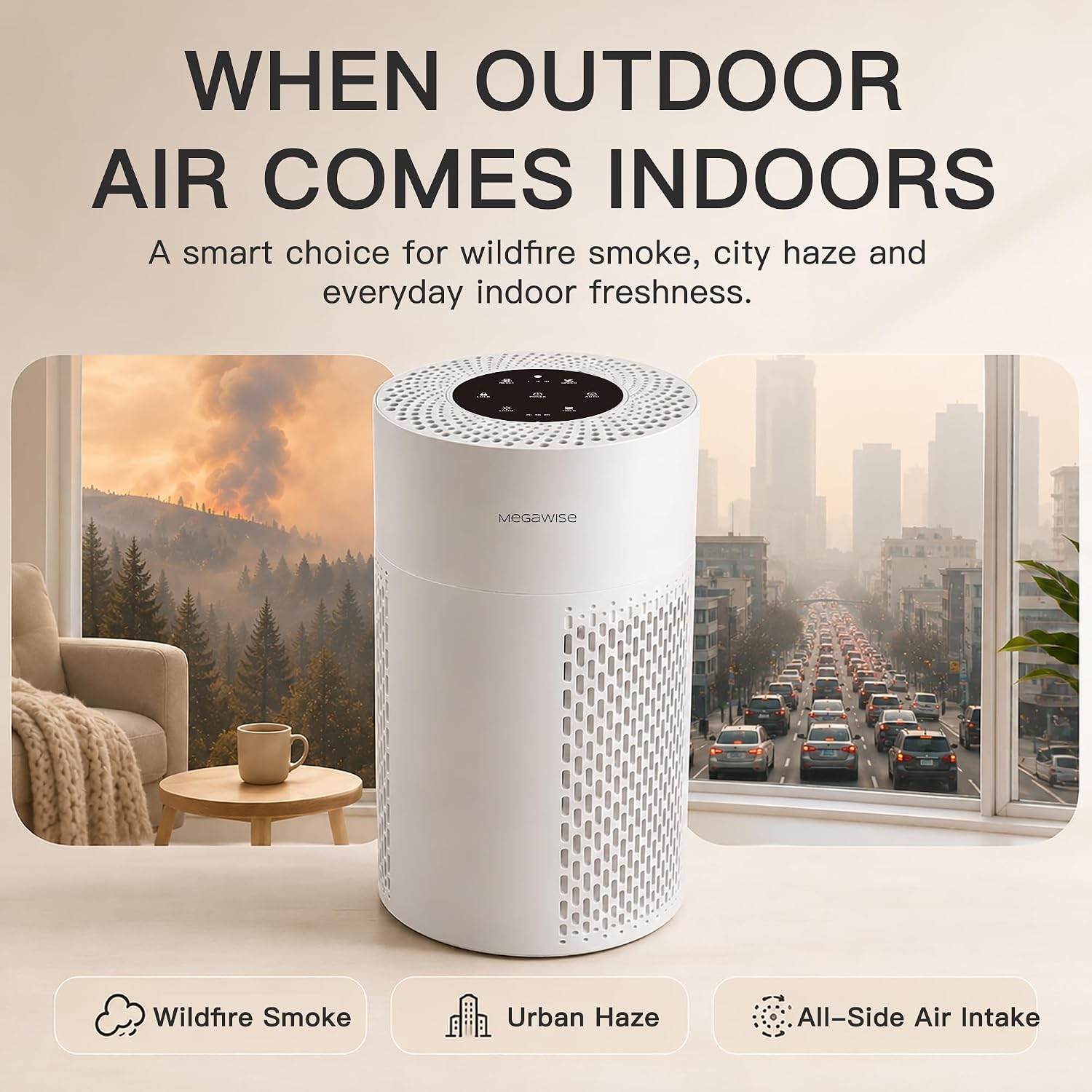 MEGAWISE Air Purifier for Bedroom, True HEPA 3-Stage Filter, Compact
