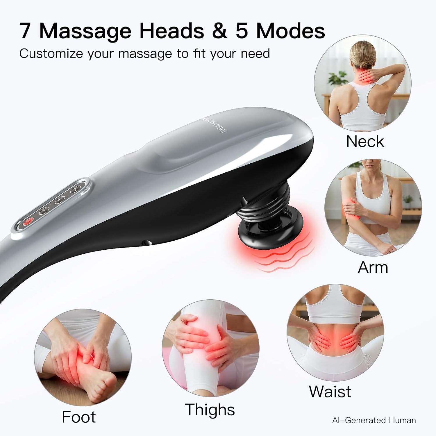 MEGAWISE Cordless Back Massager for Shoulders, Waist, Legs, Rechargeable 3200mAh Battery, 5 Speed and 5 +2 Massage Nodes 5 Hard, 2 Soilicone Nodes, Massage While Moving Around