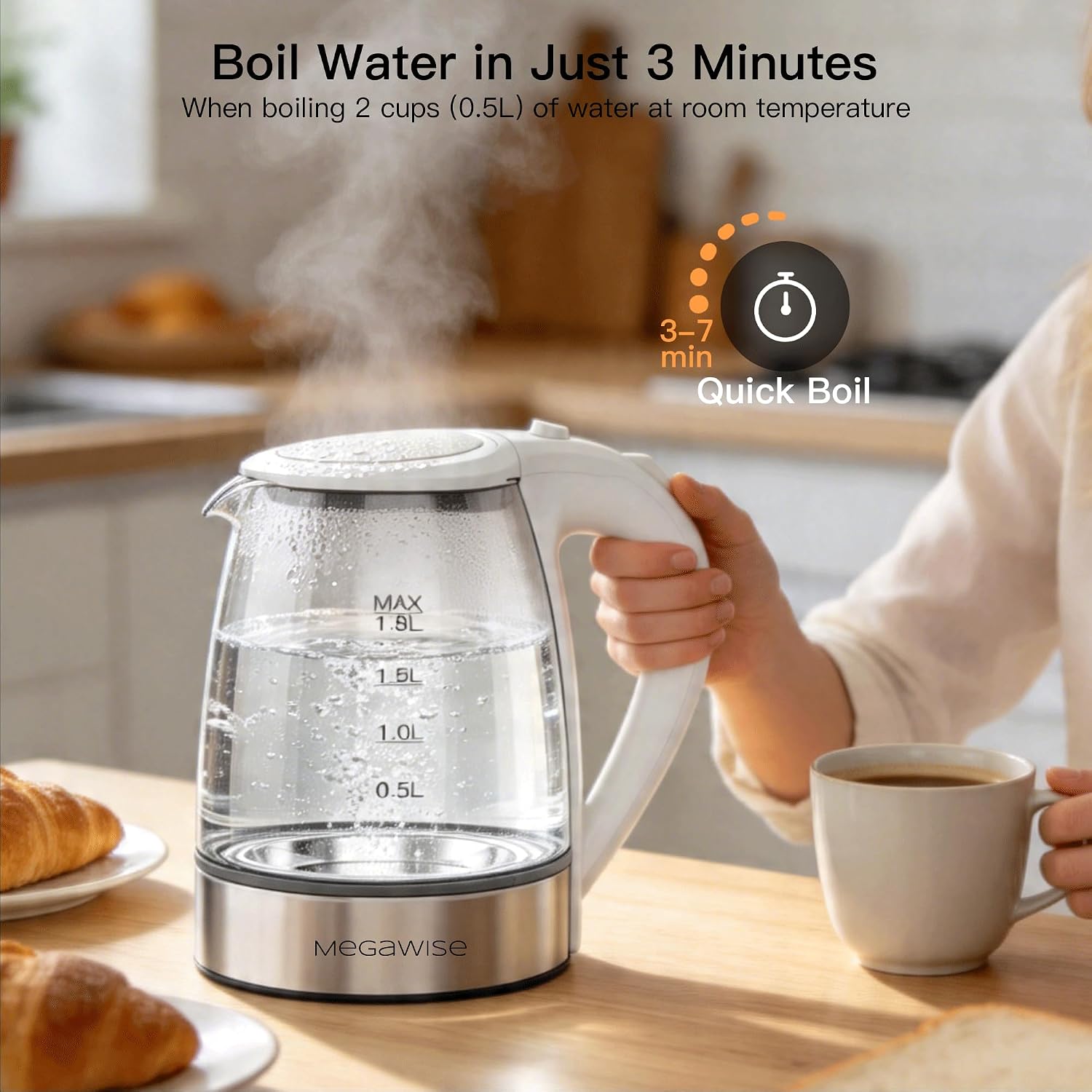 MEGAWISE Electric Kettle,1.8L Stainless Steel Water Boiler for Tea & Coffee