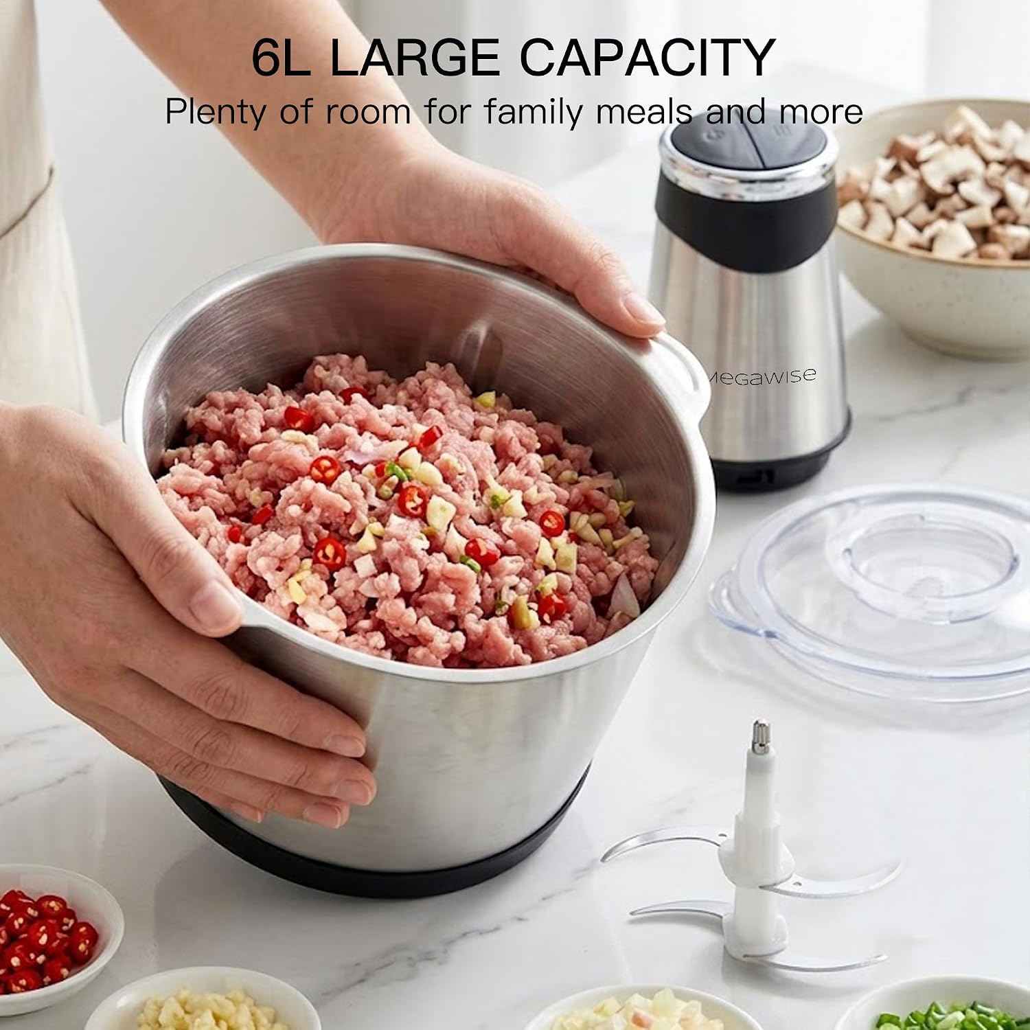 MEGAWISE 500W Electric Food Chopper & Meat Grinder, Stainless Steel Blades, Large Capacity Mincer for Meat, Vegetables & Nuts (5L Stainless Steel Bowls)