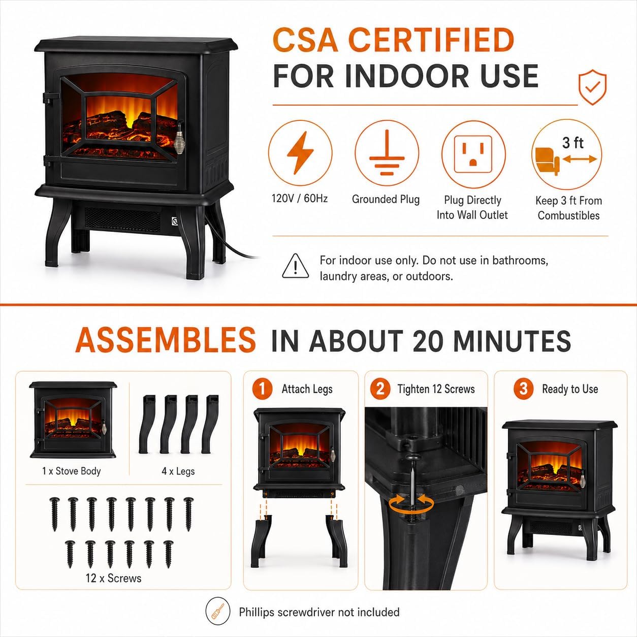 MEGAWISE Freestanding Electric Fireplace Stove Heater, 3D Realistic Flame Effect Space Heater with Overheat Safety Protection, for Indoor Home Bedroom Office Living Room, Black