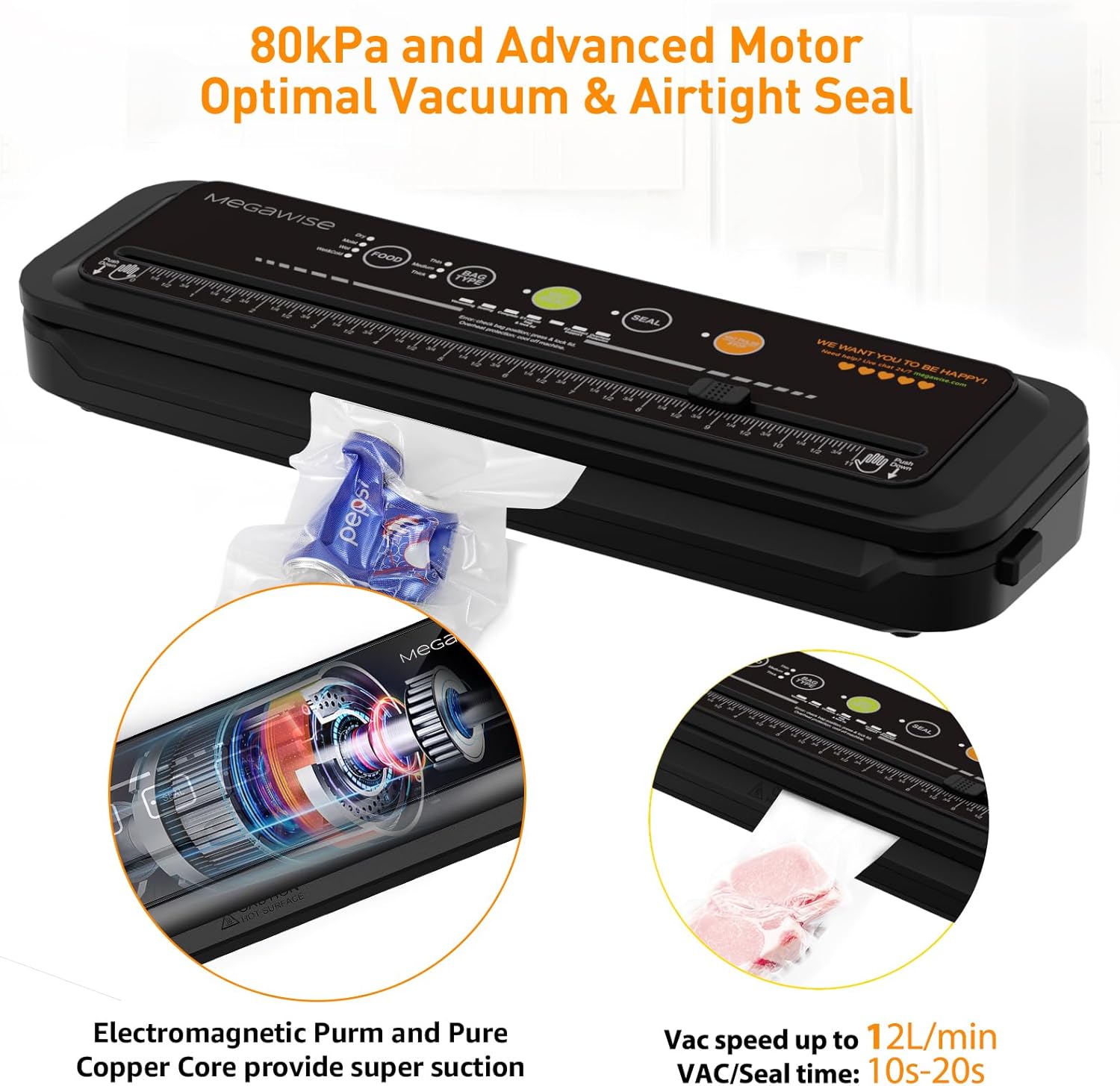 MEGAWISE Vacuum Sealer Machine, 80 kPa, 4 Modes, Built-In Cutter