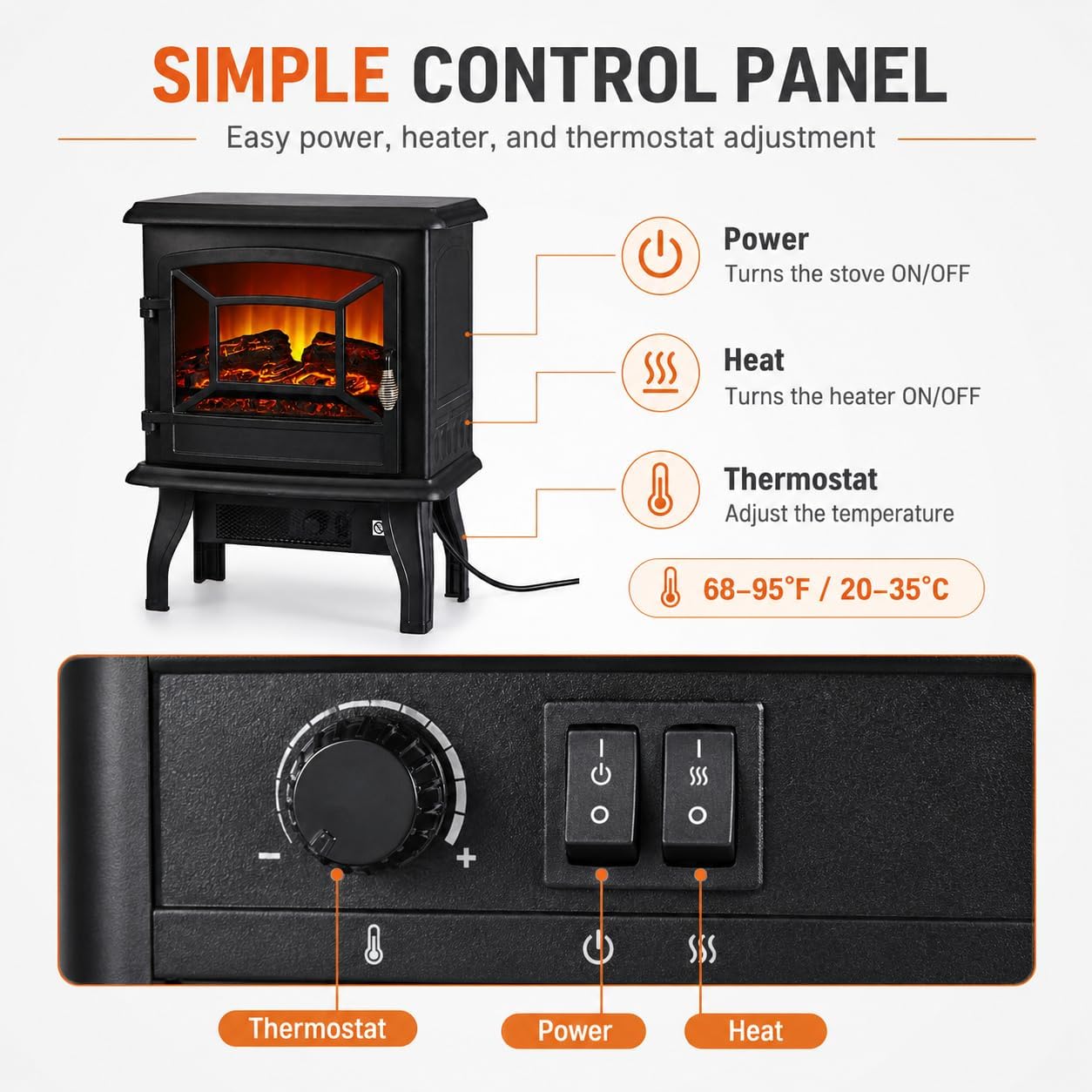 MEGAWISE Freestanding Electric Fireplace Stove Heater, 3D Realistic Flame Effect Space Heater with Overheat Safety Protection, for Indoor Home Bedroom Office Living Room, Black