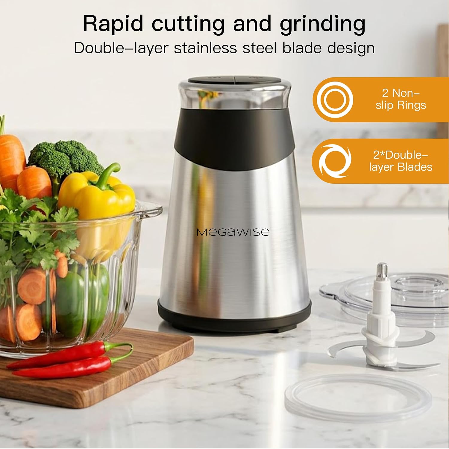 MEGAWISE Electric Food Processor, 1000W Meat Grinder & Vegetable Chopper with 4L Thick Glass Bowl, 4 Blades and Dual-Speed Food Chopper for Meat, Vegetables, Fruits, Nuts, and Baby Food