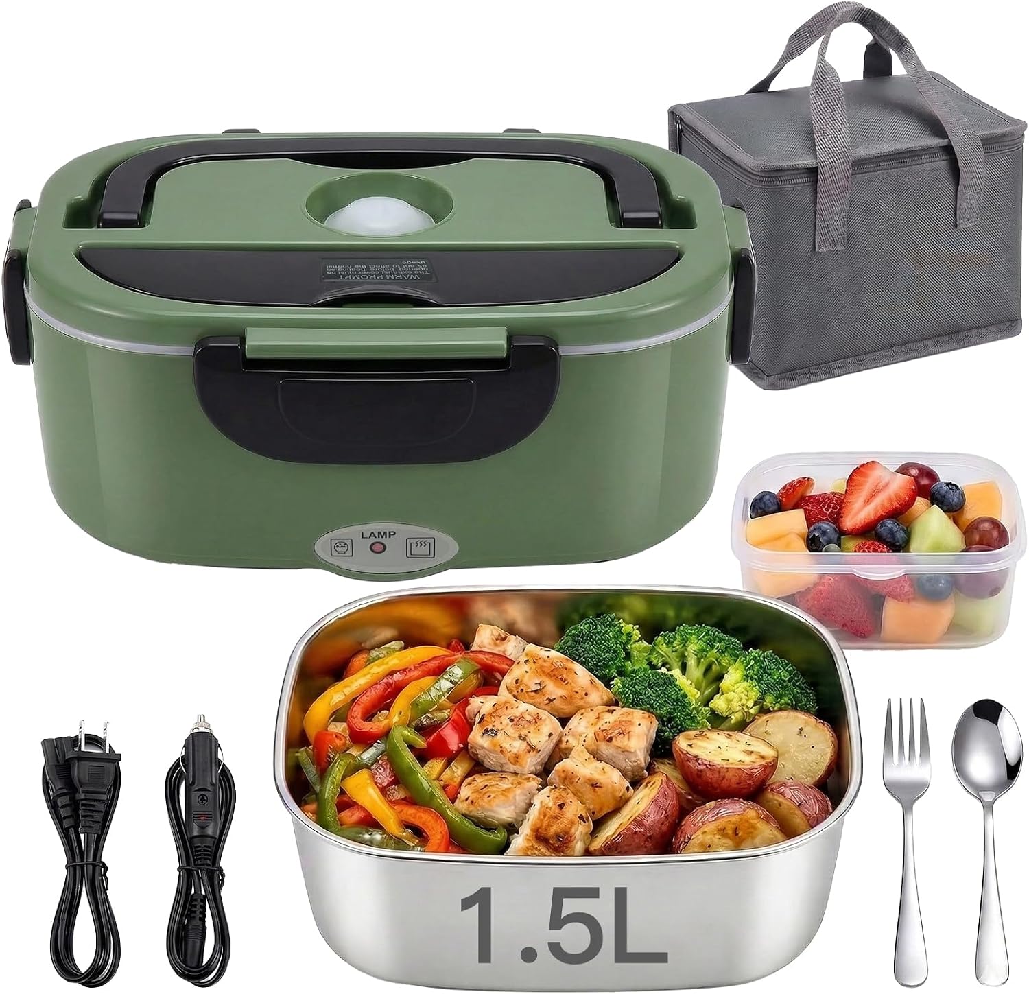 MEGAWISE 1.5L Electric Heated Lunch Box, Stainless Steel 3-in-1 Food Warmer for Adults, Portable Office, Car & Truck Lunch Container, Includes Utensils & Carry Bag (Army Green)