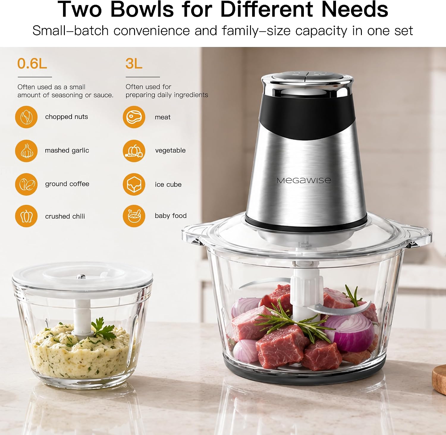 MEGAWISE 500W Electric Food Chopper Meat Grinder for Kitchen, Steel Blades