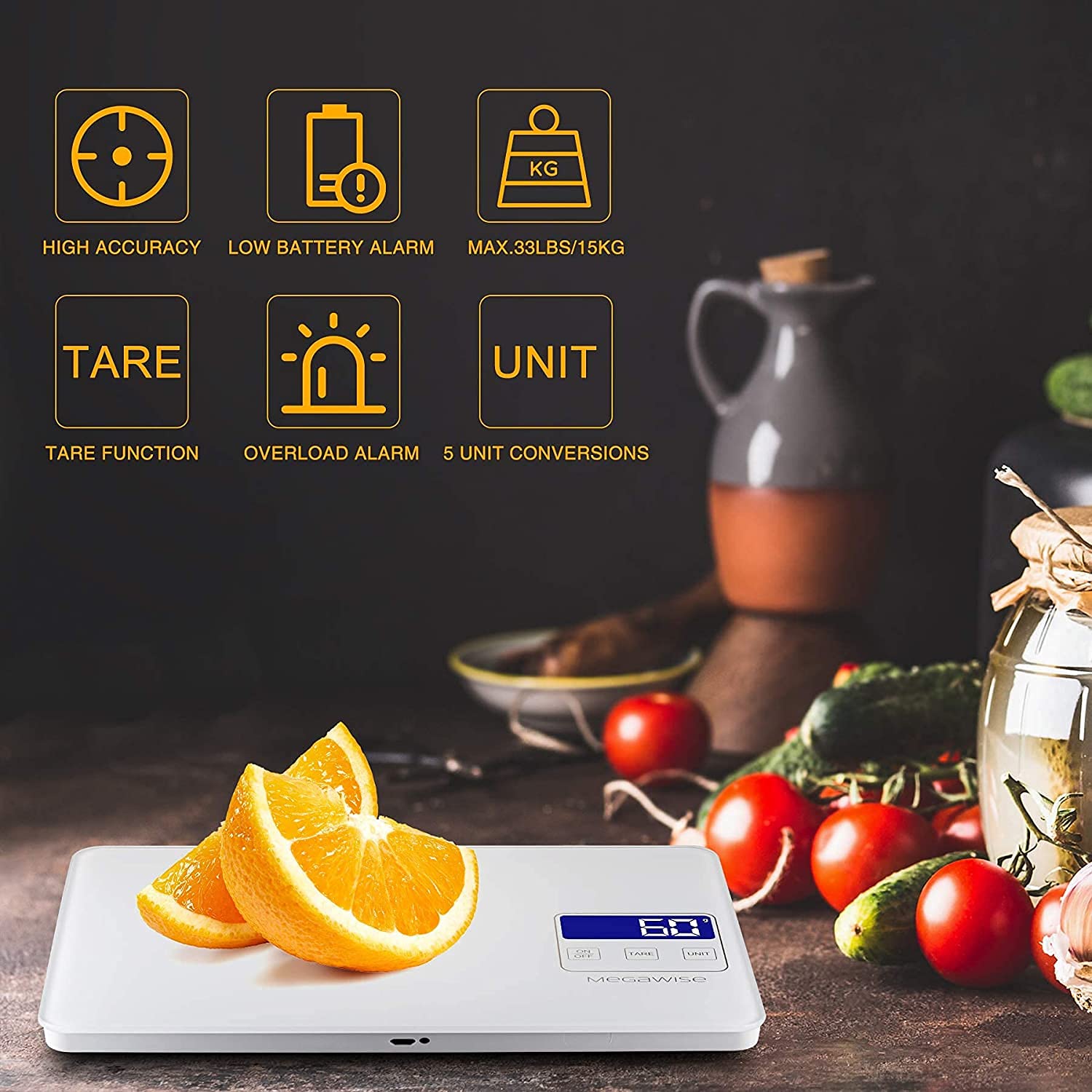 MEGAWISE Digital Kitchen Scale, 33 lb, Rechargeable, 1 g/0.04 oz, White