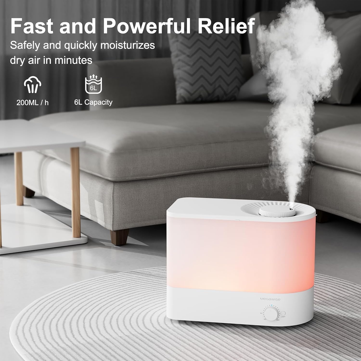 Megawise Cool Mist Ultrasonic Humidifier, Adjustable Mist Control, Quiet Operation, With a 6L top-fill tank and 50-hour runtime(White)