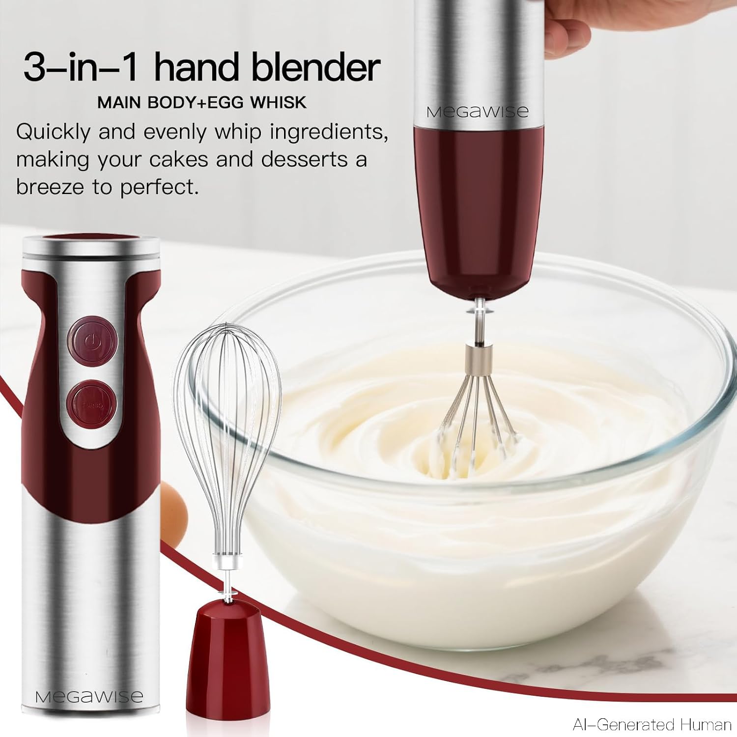 MEGAWISE Immersion Hand Blender 3-in-1, 12-Speed Stick Blender with Turbo, Egg Whisk & Milk Frother for Soups, Sauces, Smoothies and Baby Food, Red