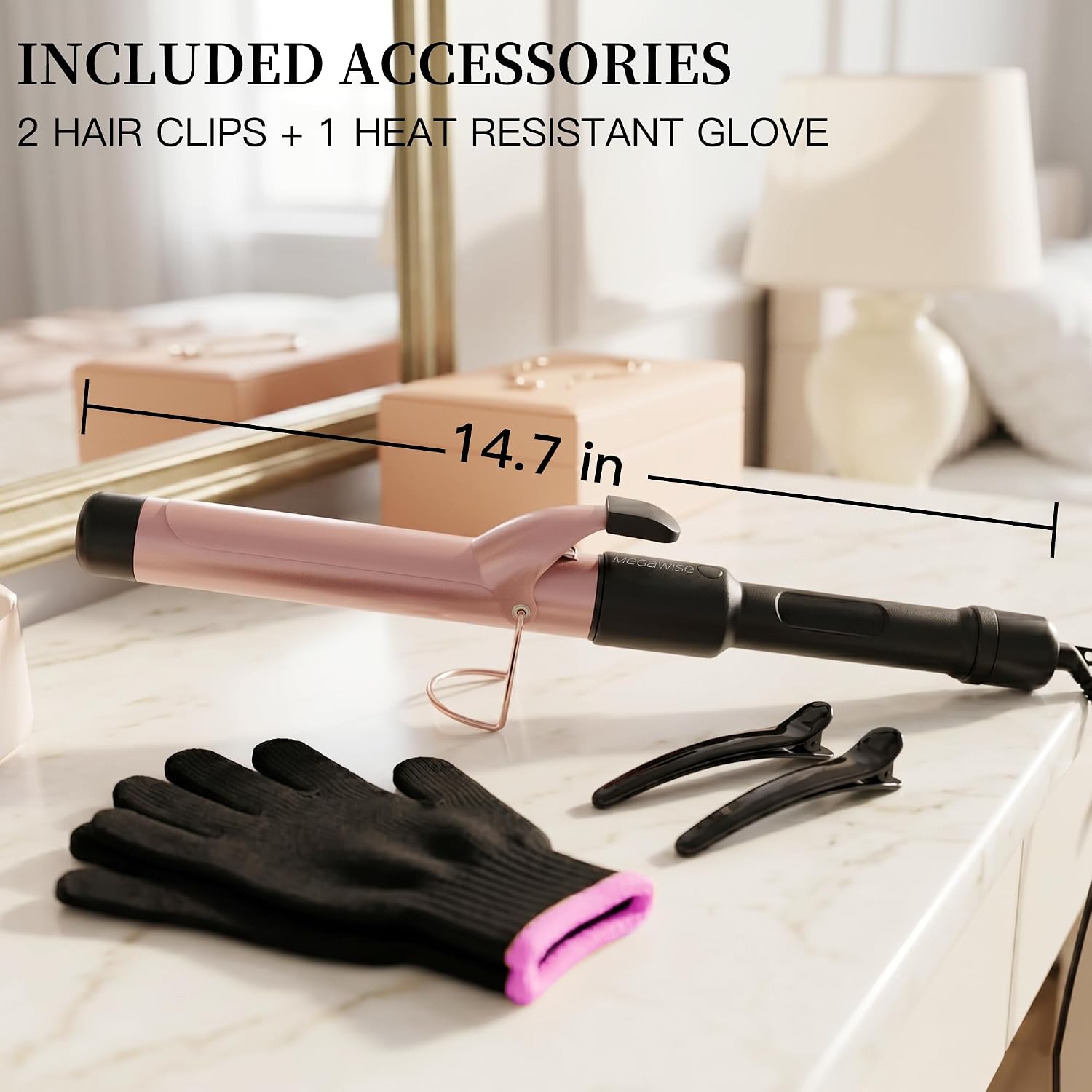 MEGAWISE Pro 1.25 Inch Ceramic Barrel Hair Curling Iron with 60s PTC Fast Heating, Anti-Scald Grip & Tip, Auto Shut Off, 360° Swivel Cord, 2 Clips & Heat-Resistant Glove Included