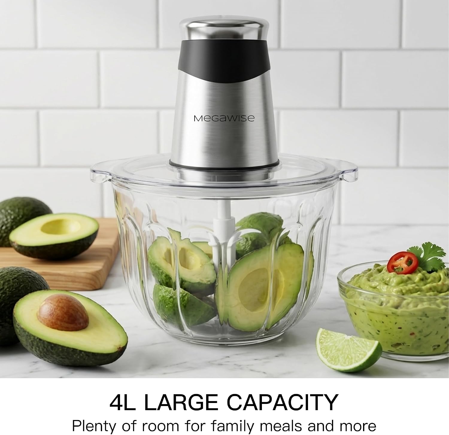 MEGAWISE Electric Food Processor, 1000W Meat Grinder & Vegetable Chopper with 4L Thick Glass Bowl, 4 Blades and Dual-Speed Food Chopper for Meat, Vegetables, Fruits, Nuts, and Baby Food