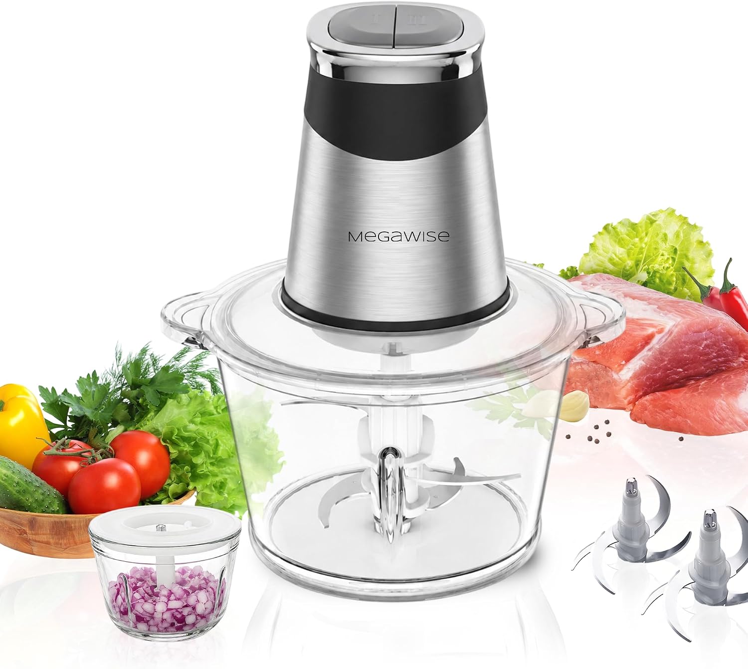 MEGAWISE 500W Electric Food Chopper Meat Grinder for Kitchen, Steel Blades