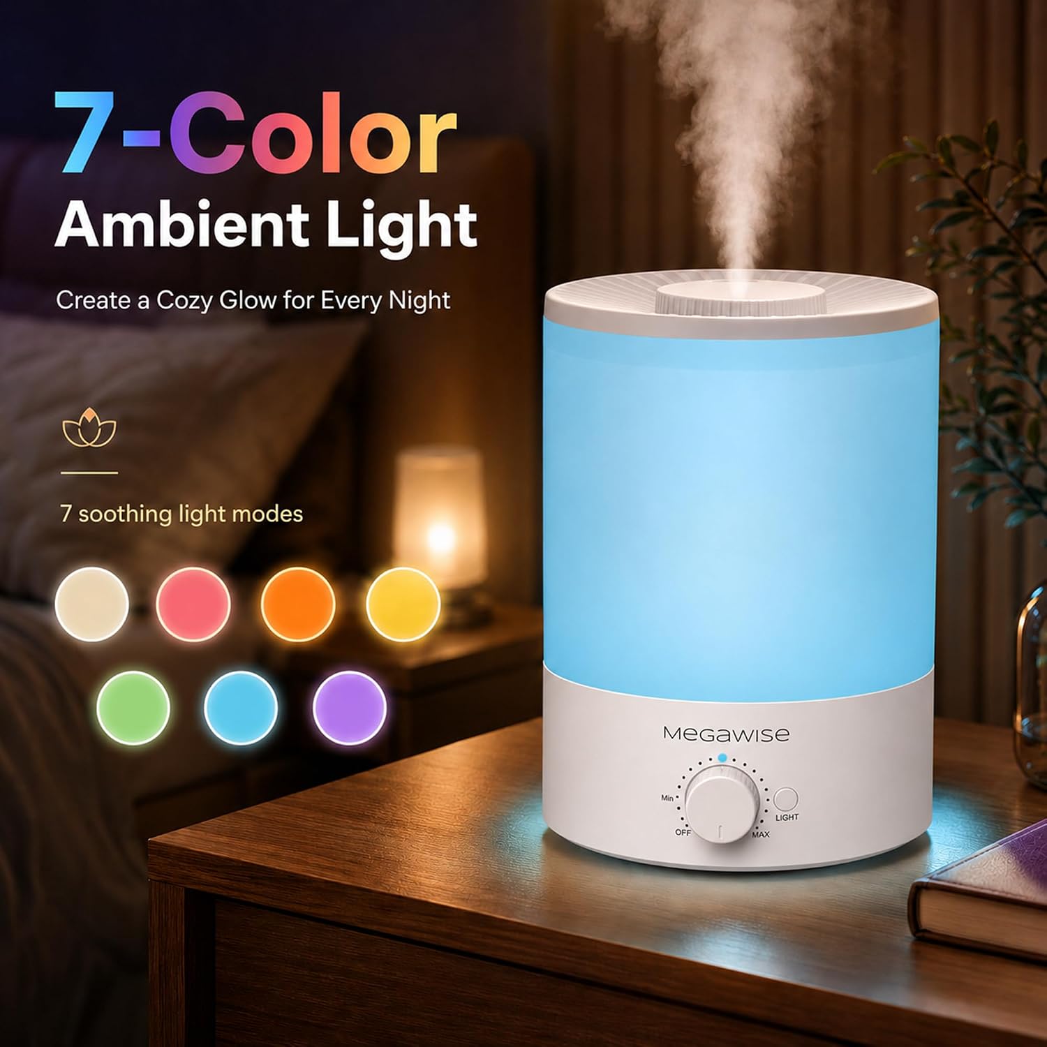 MEGAWISE 3.5L Ultrasonic Cool Mist Humidifier, Top Fill, 40-Hour Runtime