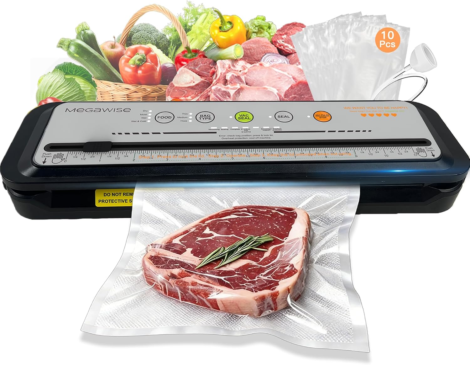 MEGAWISE 2025 Powerful Vacuum Sealer Machine | Compact Design | One-Touch Automatic | Seal in 10-20 Seconds | Dry, Moist, Wet, and Cold Modes | With 10 Vacuum Bags & Built-in Cutter