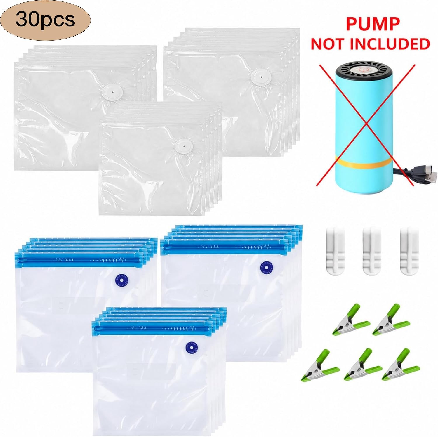 Reusable Sous Vide Bags 30Pcs (10pcs per size) BPA-Free Sealer Bags for Cooking & Microwave 3 Seal Clips ＆ 5 Cooking Clips(22cmcx8.5in, 28cmx11in, 34cmx13.5in)