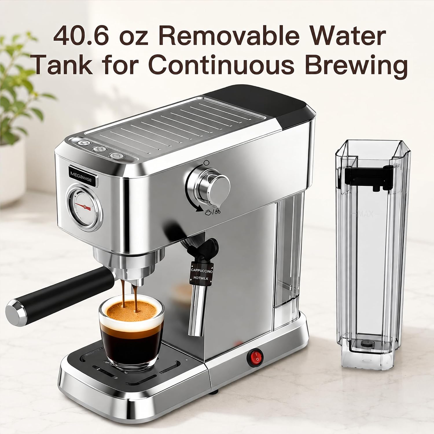 MEGAWISE Espresso Machine 20 Bar, Compact Stainless Steel Coffee Maker with Steam Milk Frother & Removable Tank for Cappuccino, Latte - Silver