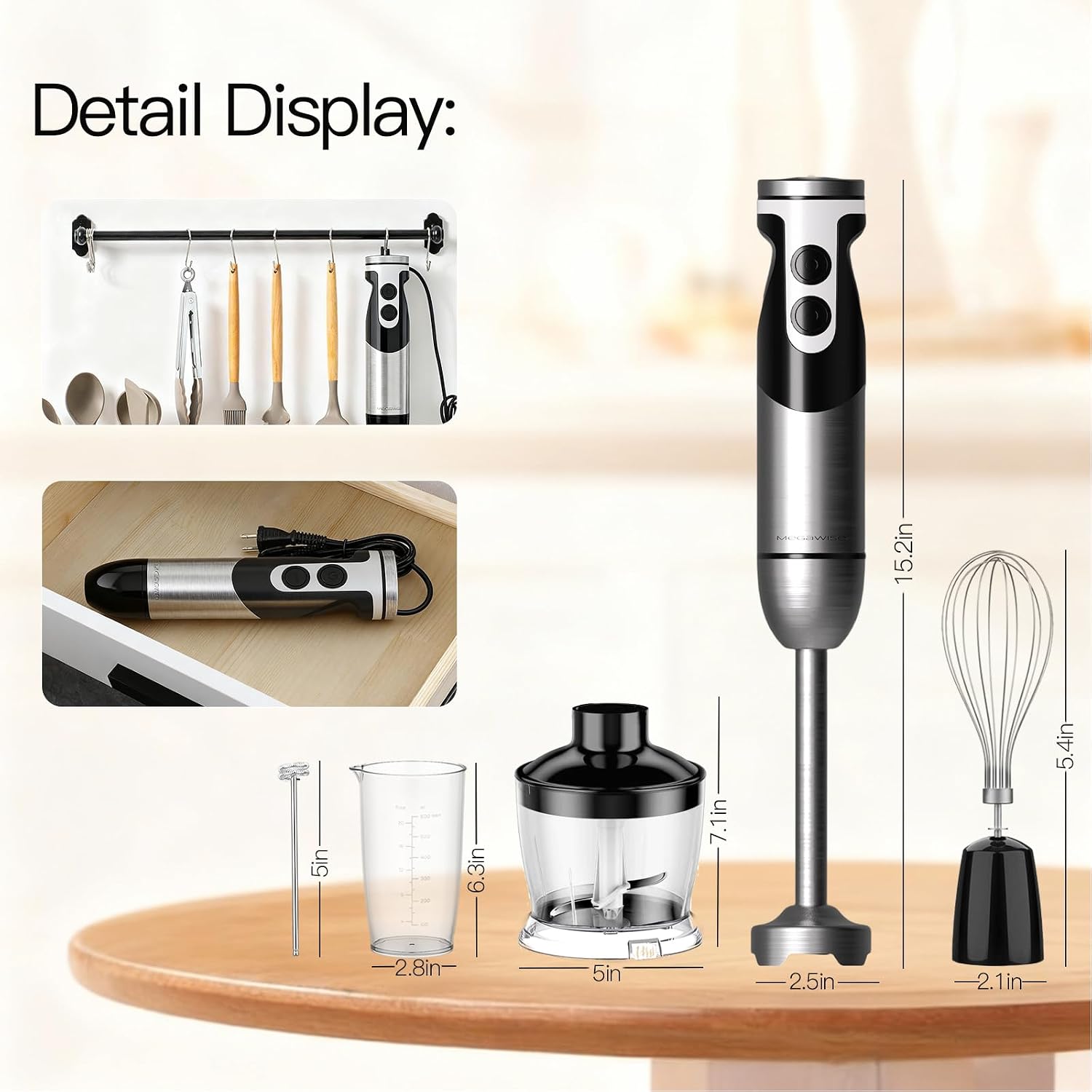 MegaWise 5-in-1 Hand Blender, Powerful Immersion Stick Blender with Titanium Reinforced Blades, 12-Speed Control, Includes Chopper, Beaker, Whisk & Frother for Smoothies & Baby Food