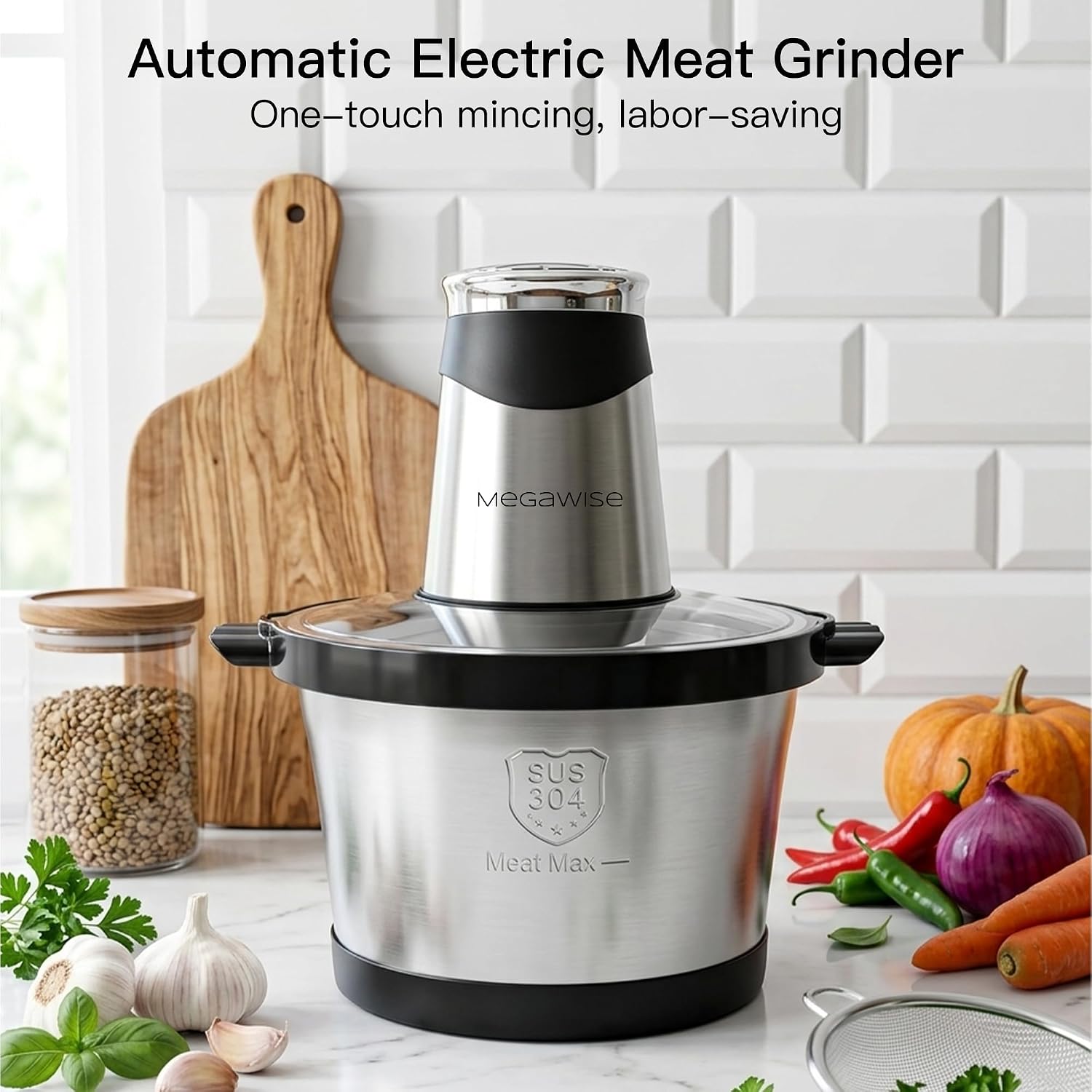 MEGAWISE 500W Electric Food Chopper & Meat Grinder, Stainless Steel Blades, Large Capacity Mincer for Meat, Vegetables & Nuts (5L Stainless Steel Bowls)