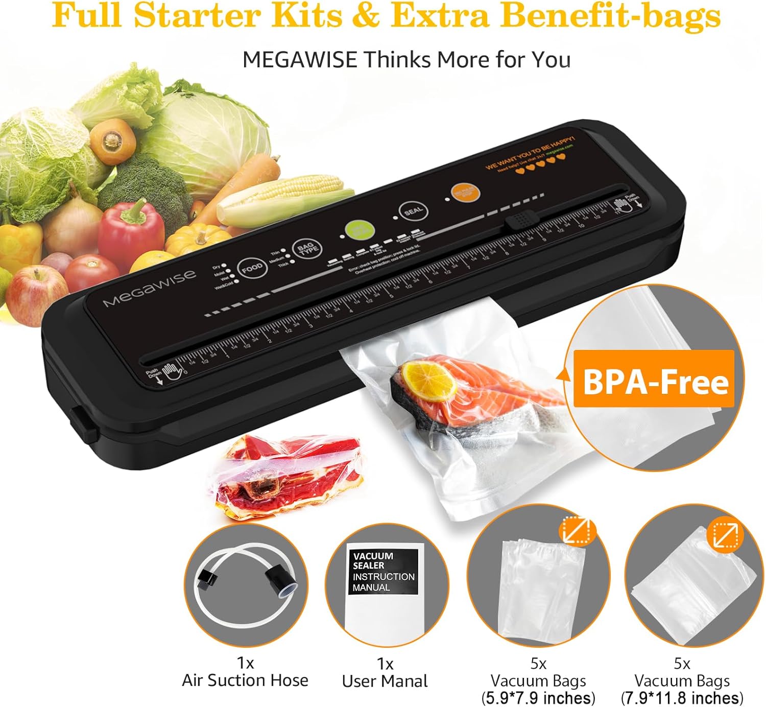 MEGAWISE Vacuum Sealer Machine, 80 kPa, 4 Modes, Built-In Cutter