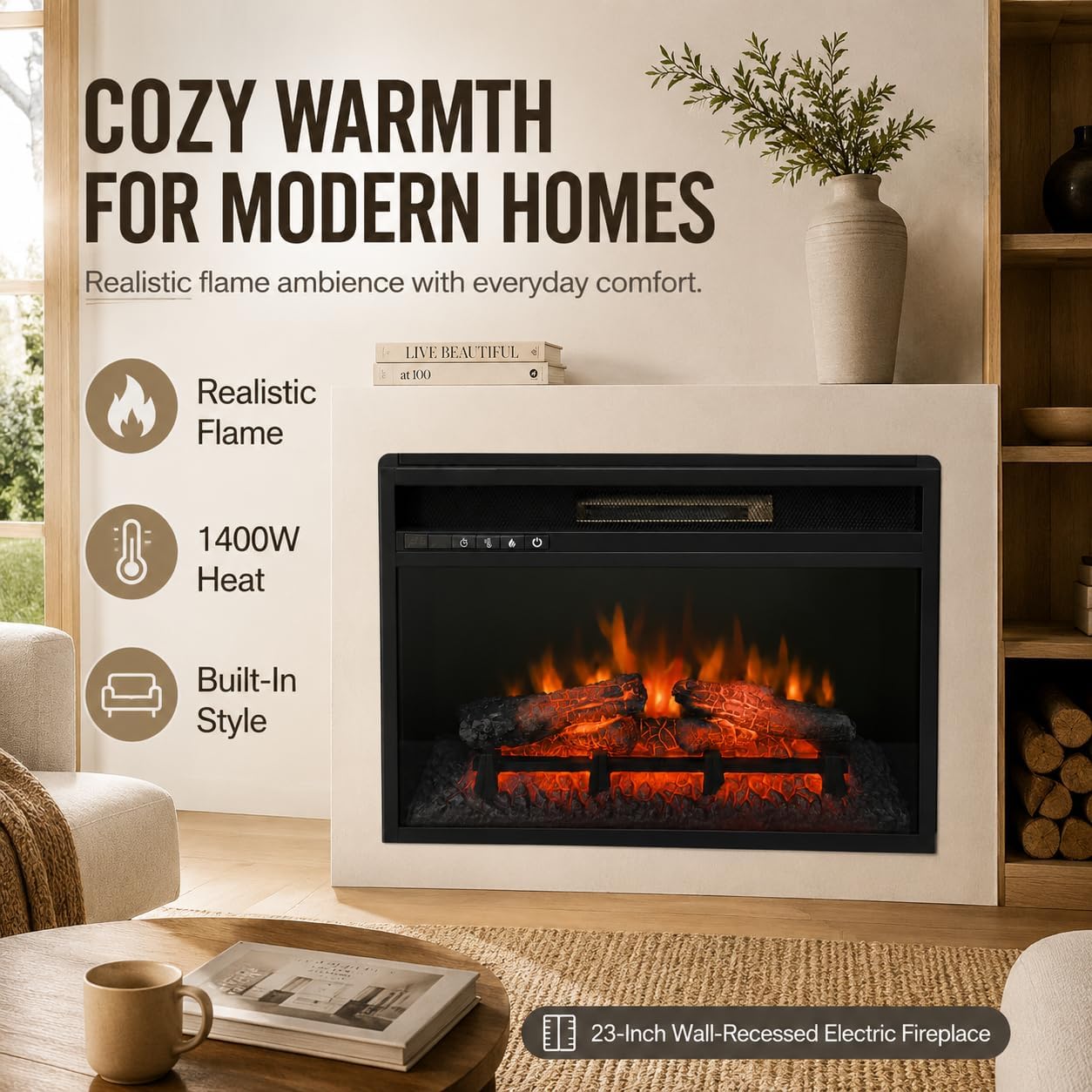 MEGAWISE Electric Fireplace Insert, 23-Inch, 1400W Heater and Timer