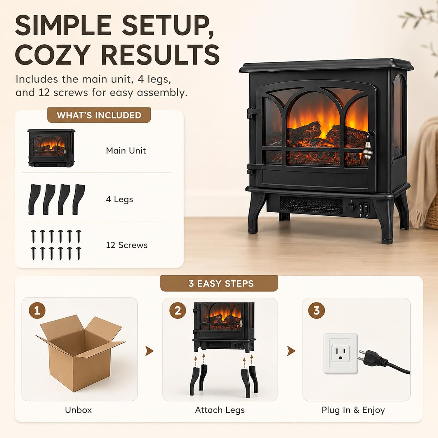 MEGAWISE 1400W Electric Fireplace Stove, 3-Sided View, LED Flame