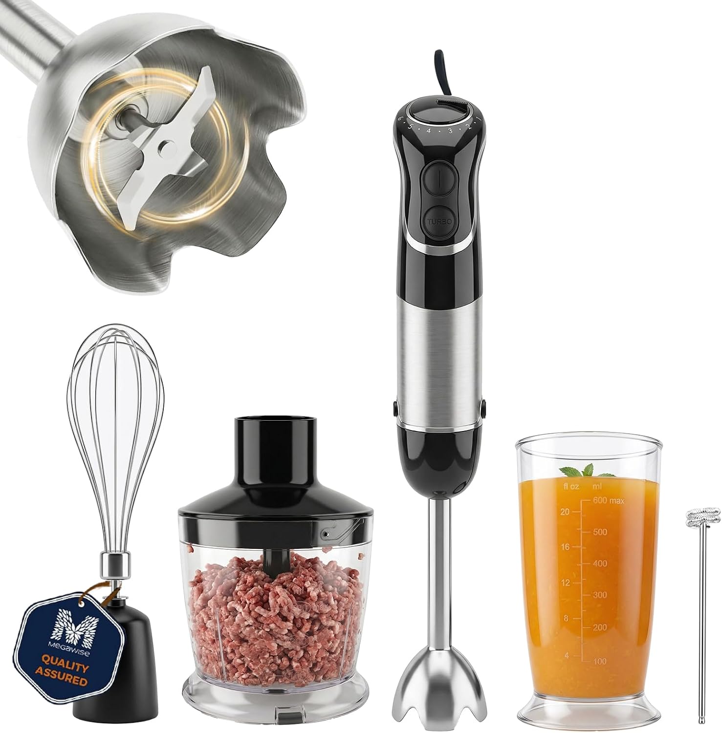 MEGAWISE Immersion Hand Blender, 800W 5-in-1 Stick Blender (Black)